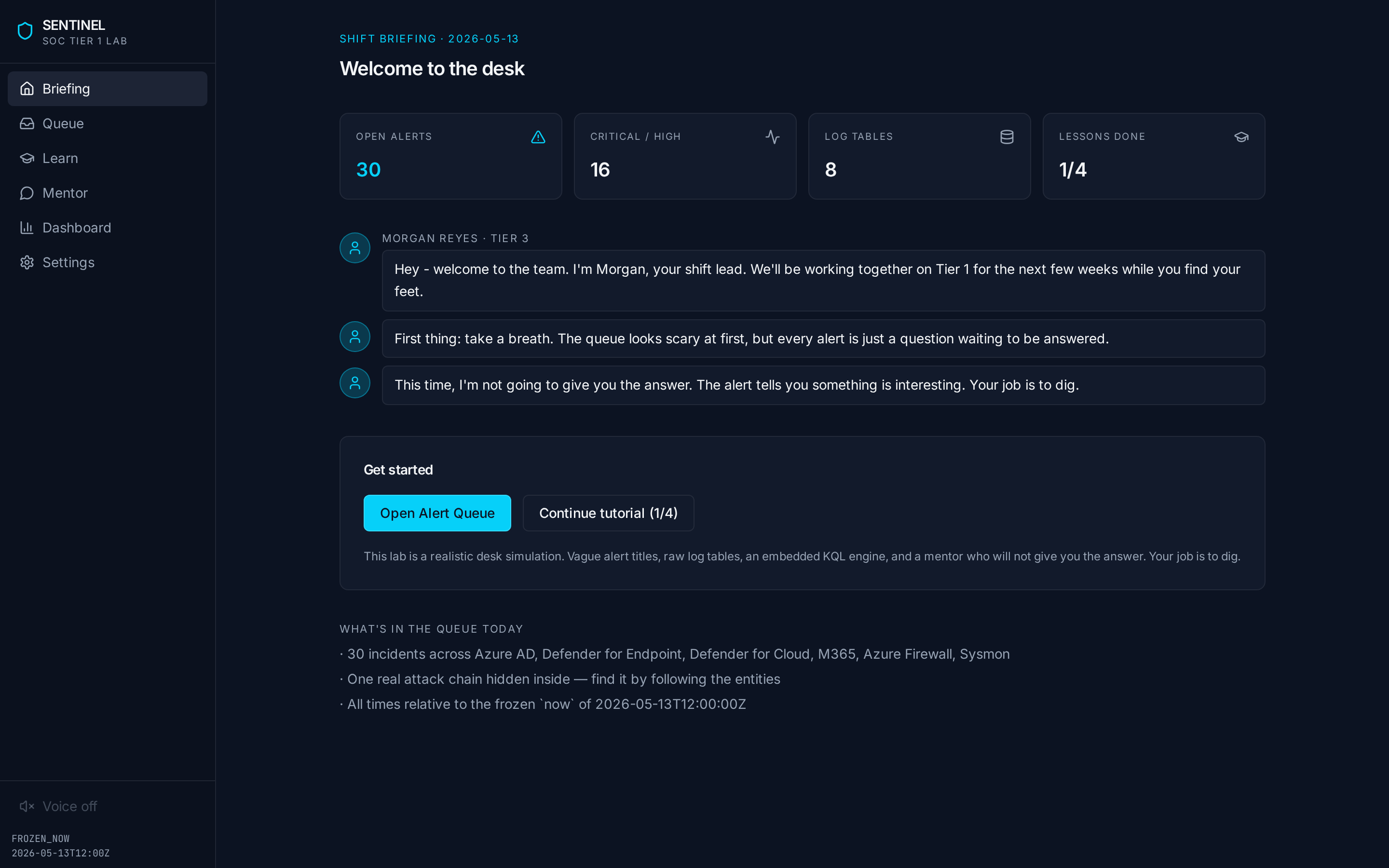 Briefing page with stats, Morgan welcome, get-started buttons and voice toggle