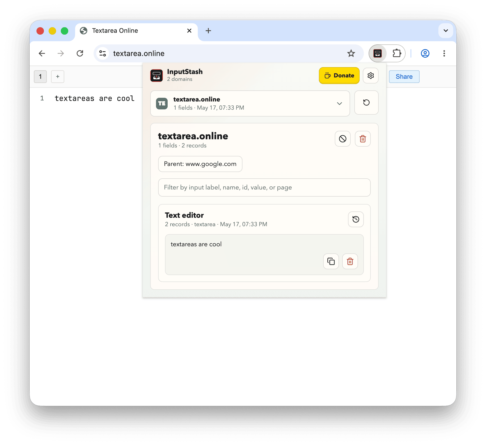 InputStash popup open over a browser tab on textarea.online, showing the recovered text editor field with two records.