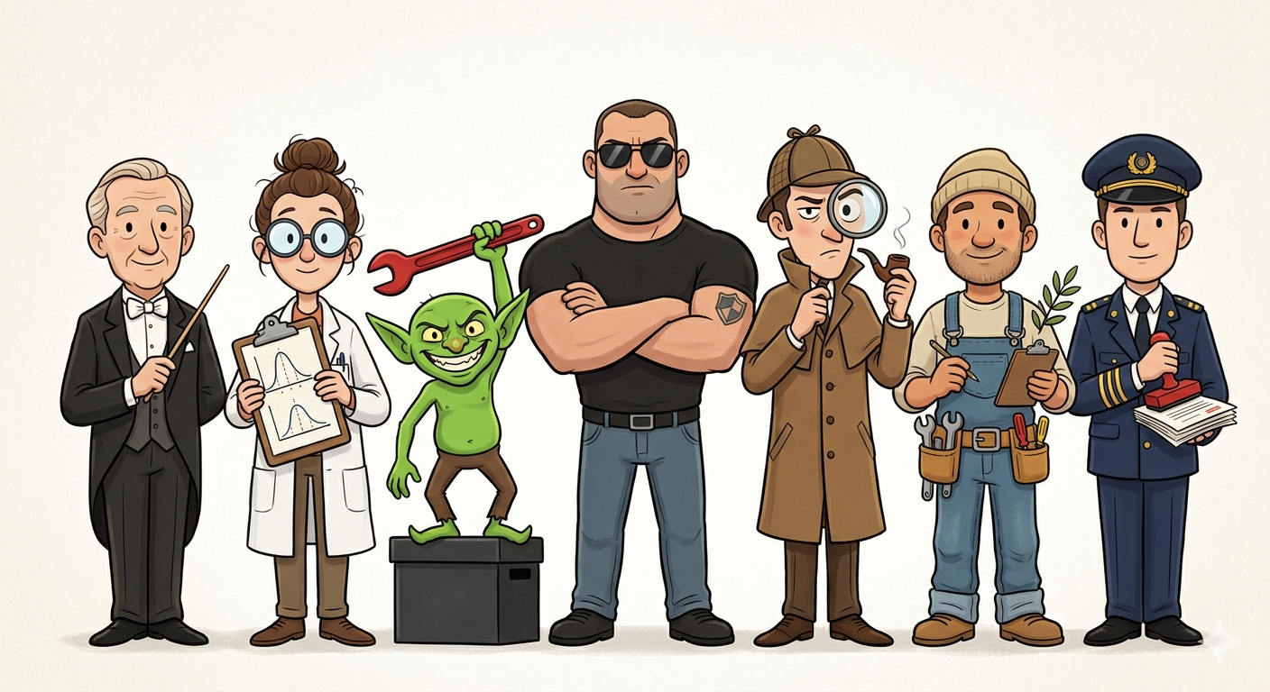 The cast: orchestrator, tester, chaos goblin, security bouncer, diagnostician, fixer, meta-harness