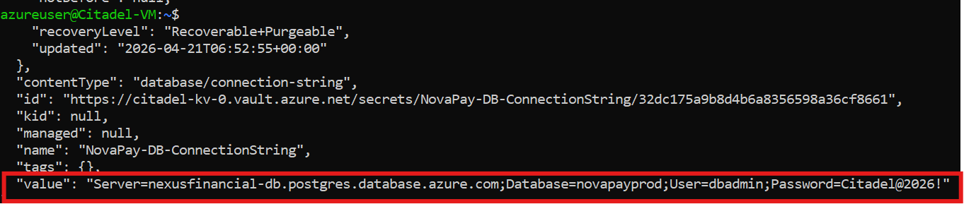 Terminal — secret value retrieved showing full connection string