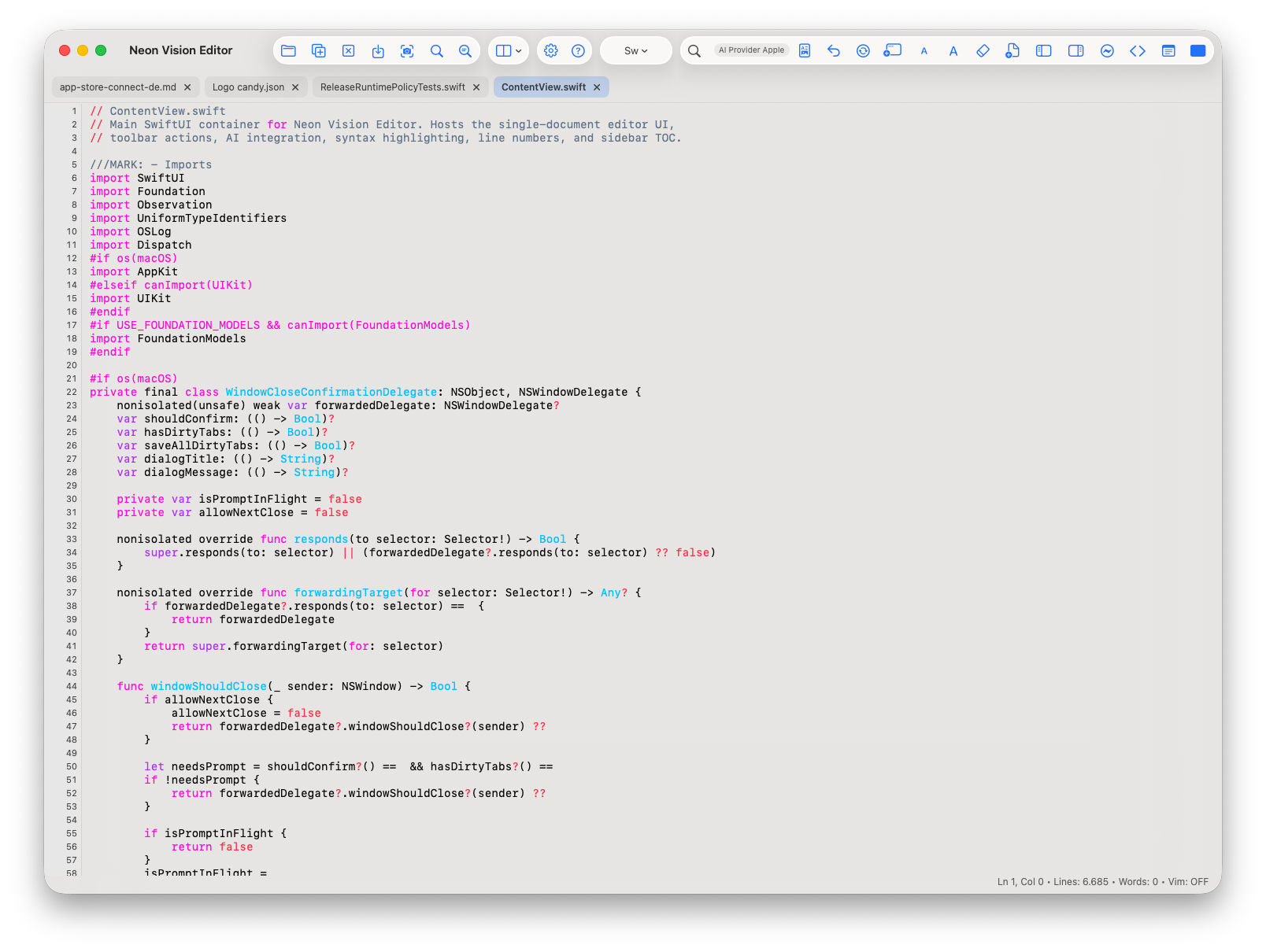 Neon Vision Editor macOS app screenshot