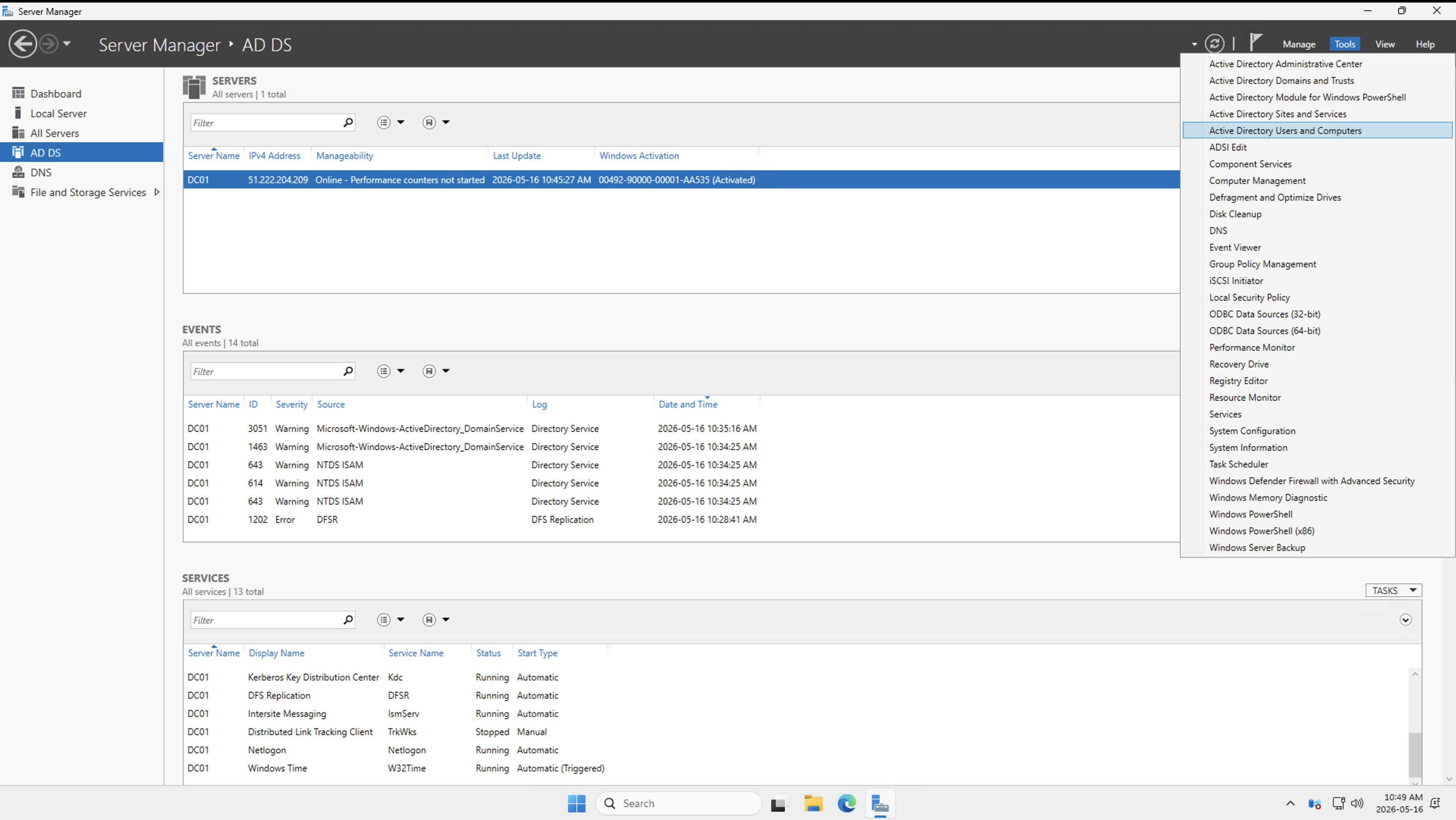 server manager ad ds tasks
