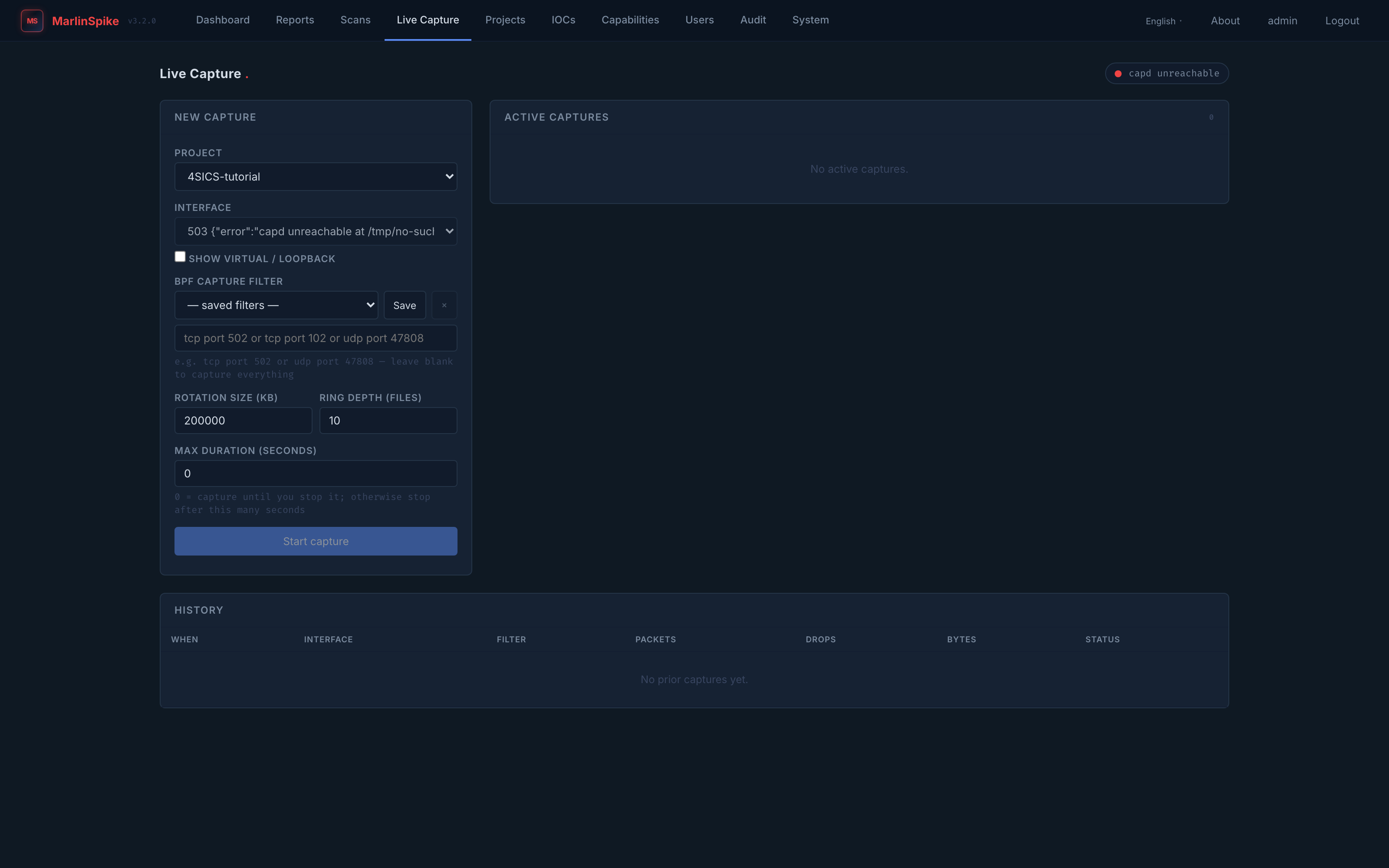 Live capture page — capd-status pill, project picker, interface dropdown, debounced BPF validation, ring config, saved-filter library