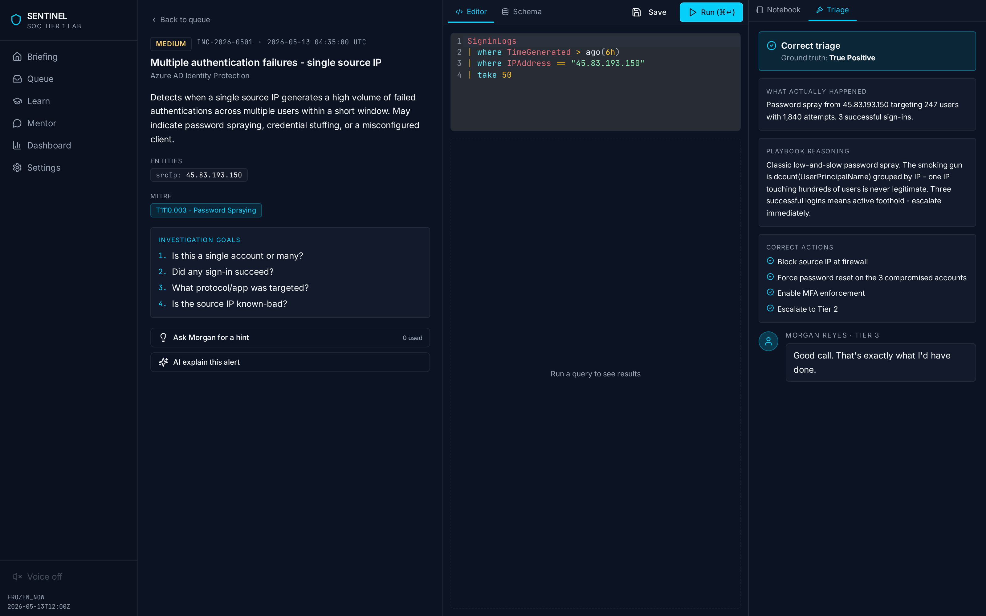 Sentinel SOC Tier 1 Lab — alert workspace with KQL editor and triage panel