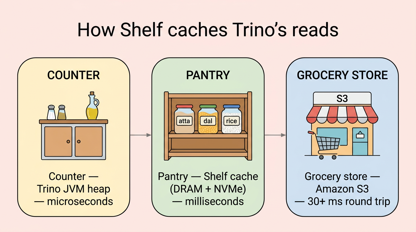 Three tiers — counter (Trino heap), pantry (Shelf), grocery store (S3)