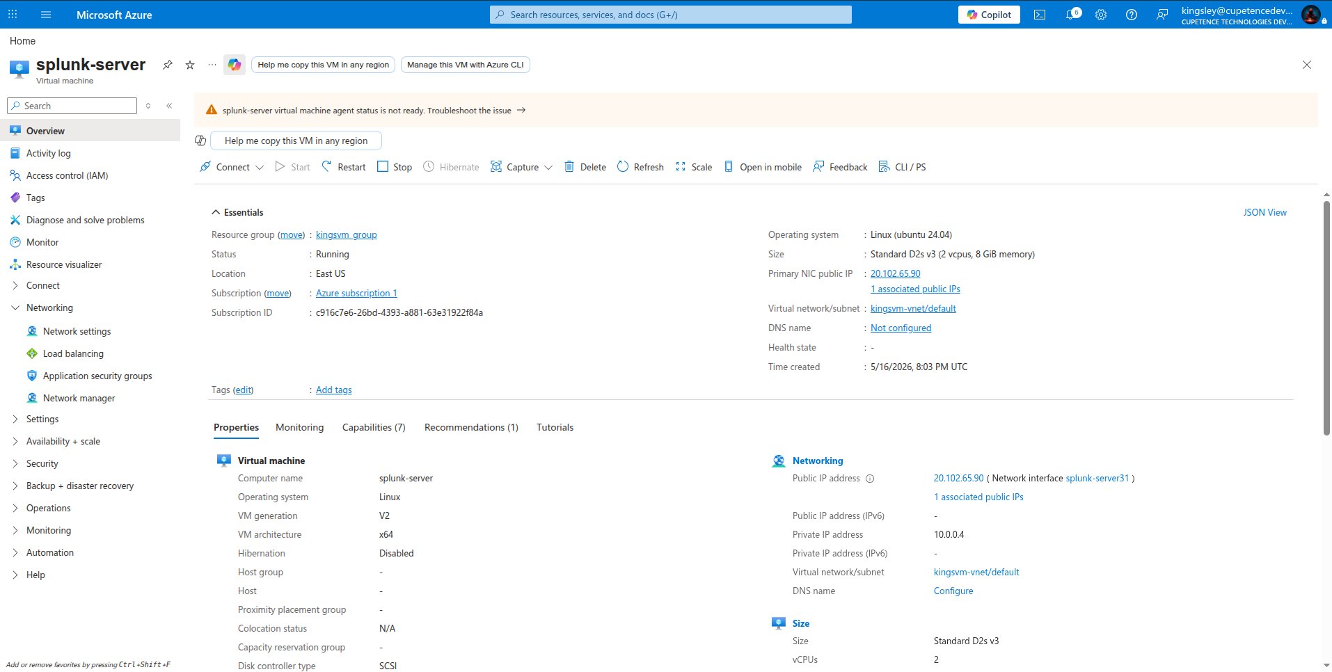 Splunk 服务器 VM 运行中
