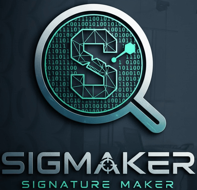 放大镜上有'sigmaker'字样，且'sigmaker'中的'A'上有一个十字准星