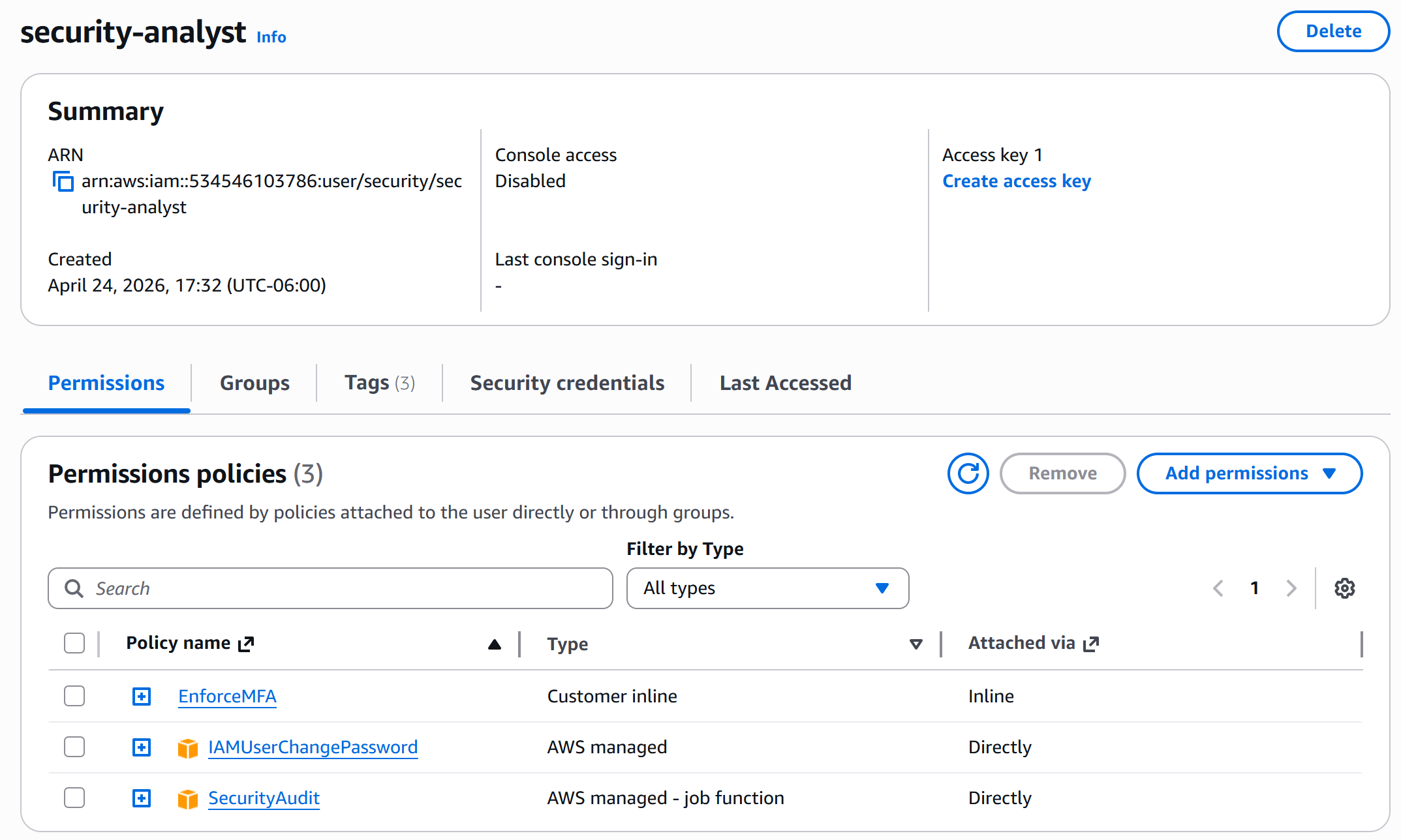IAM dashboard showing MFA-enabled users and security analyst role