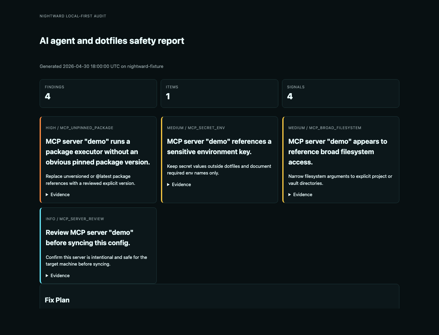 从固定数据生成的经过脱敏处理的 Nightward HTML 报告