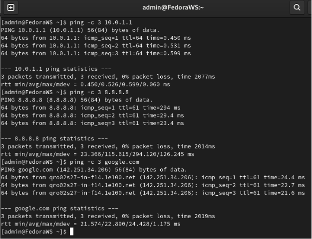 Fedora three pings success