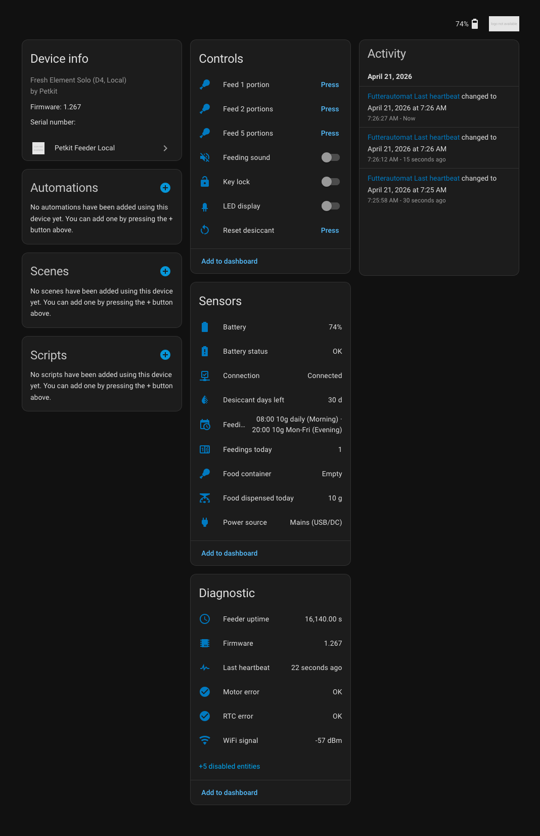 Device page with all entities