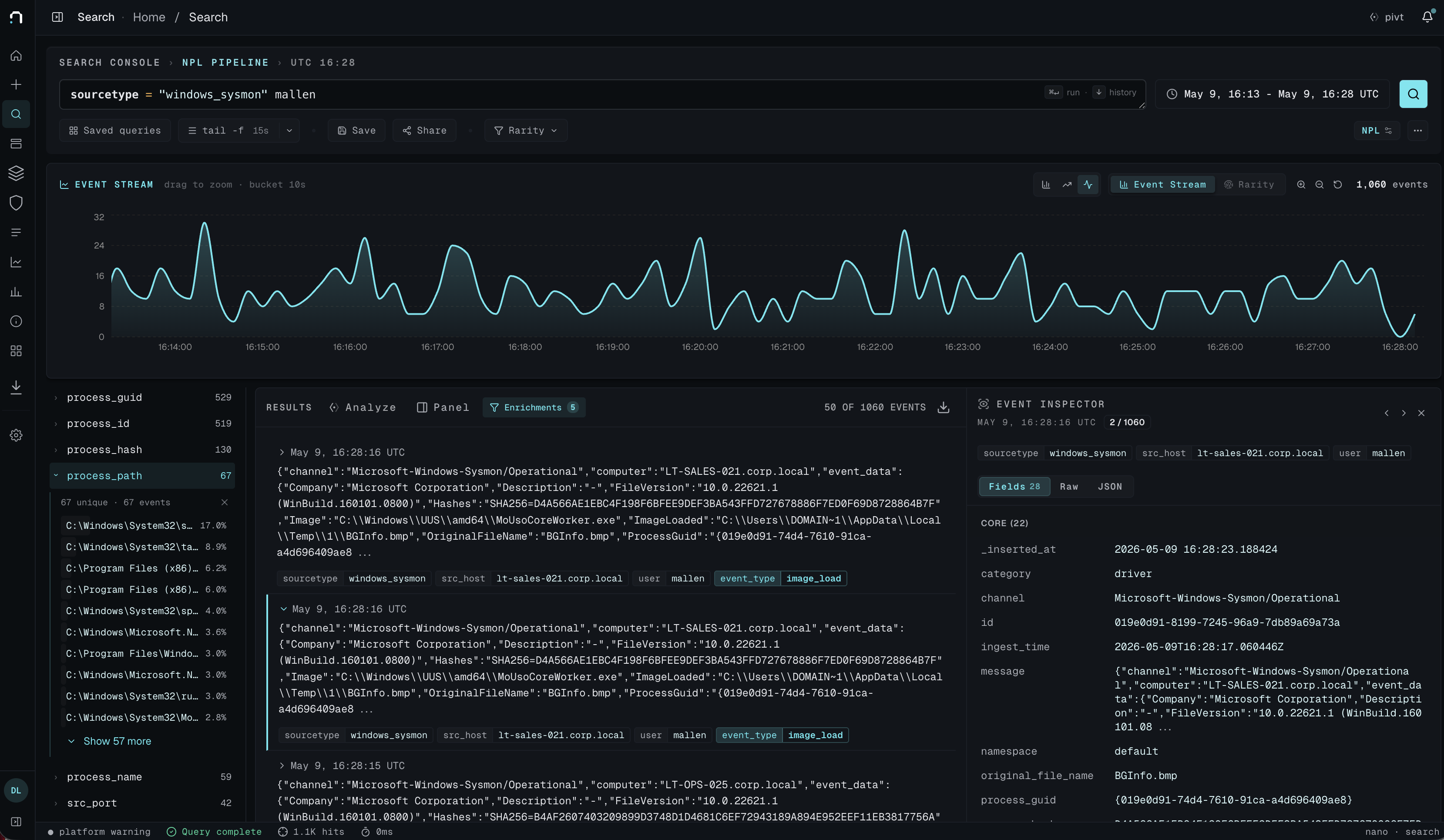 nano search UI — event stream timechart, results table, and event inspector