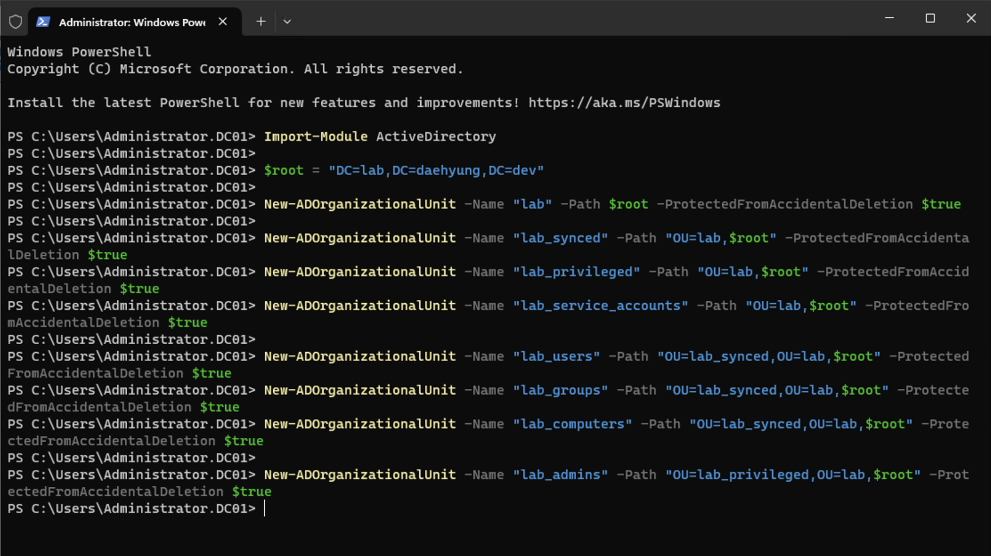 powershell create lab ou structure