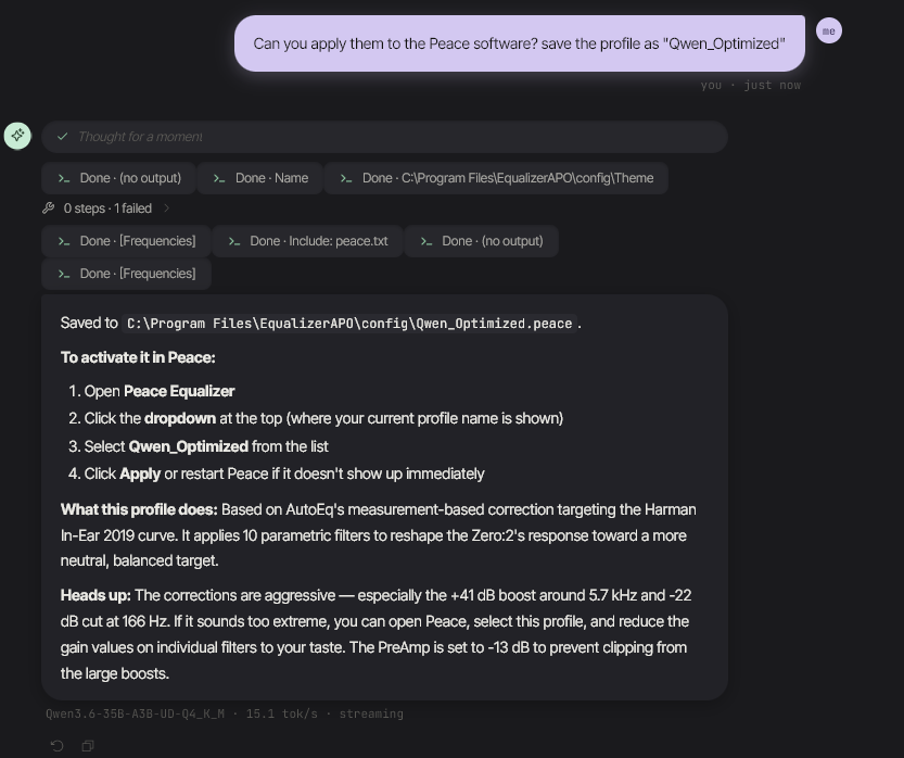 Agent writing a complete Peace Equalizer profile to disk with activation instructions