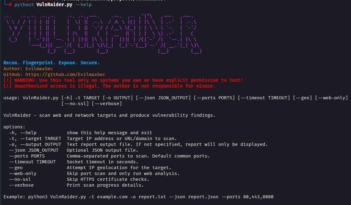 VulnRaider terminal scan output