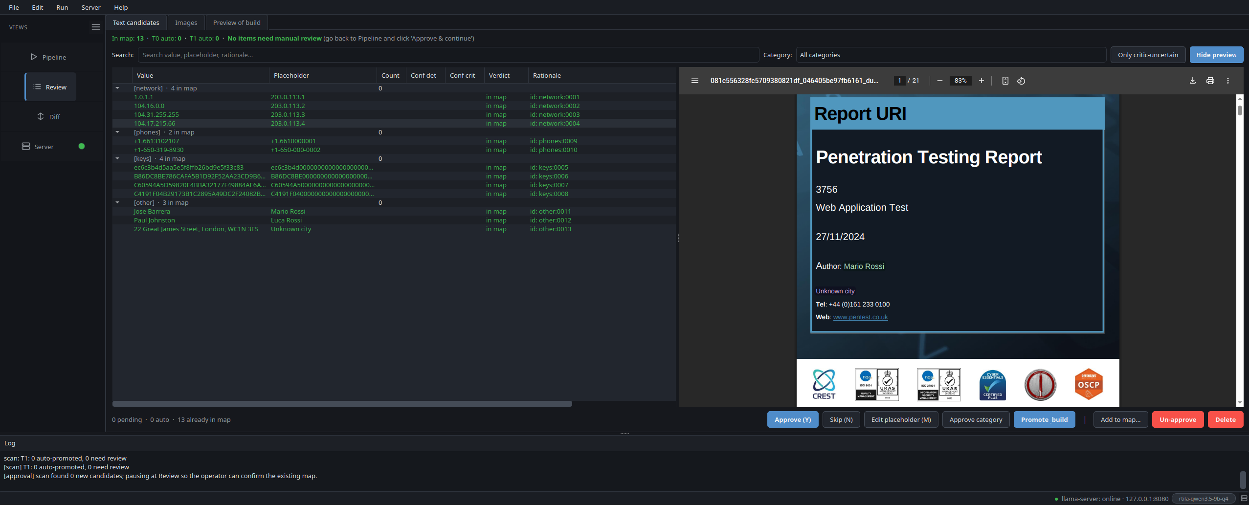Unified Review tree on the left with already-mapped, auto-promoted and pending rows; live preview pane on the right rendering the anonymized PDF (NimbusBoard rewritten as VendorBoard) so the after-state shows next to every decision.