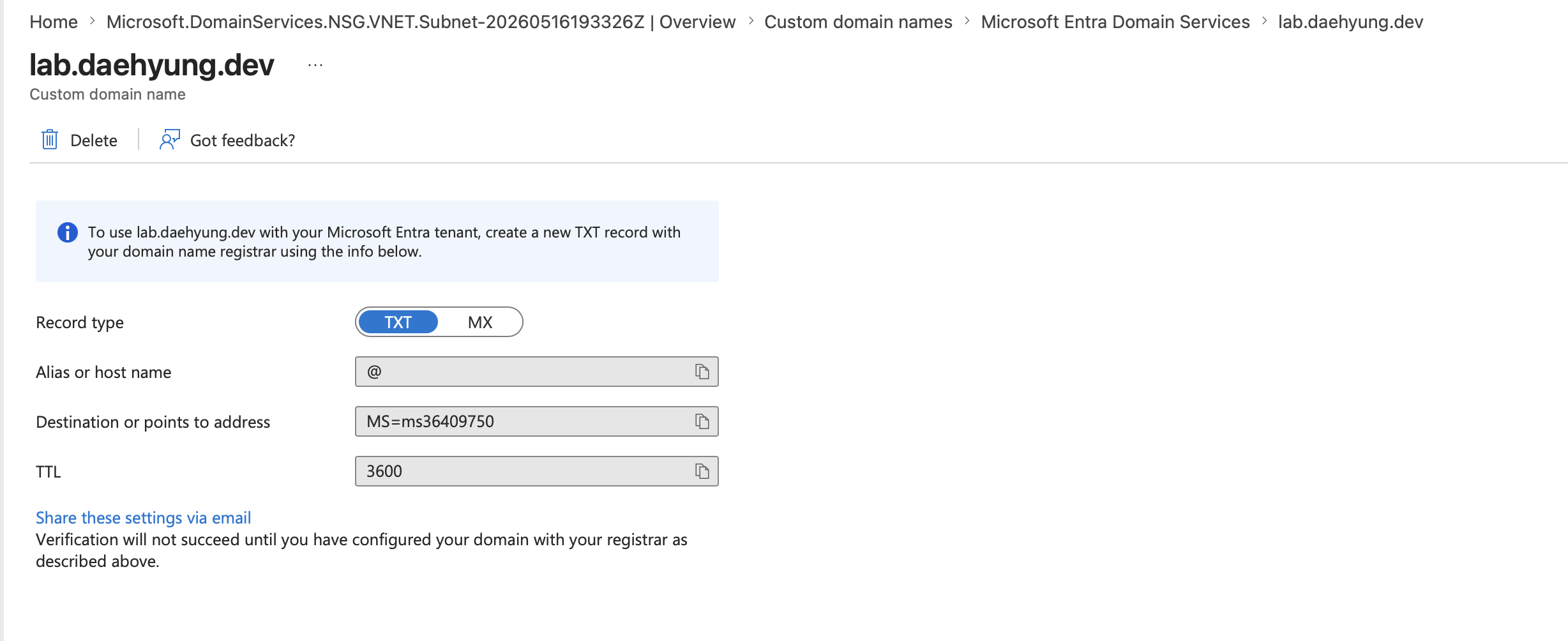 entra custom domain dns txt record