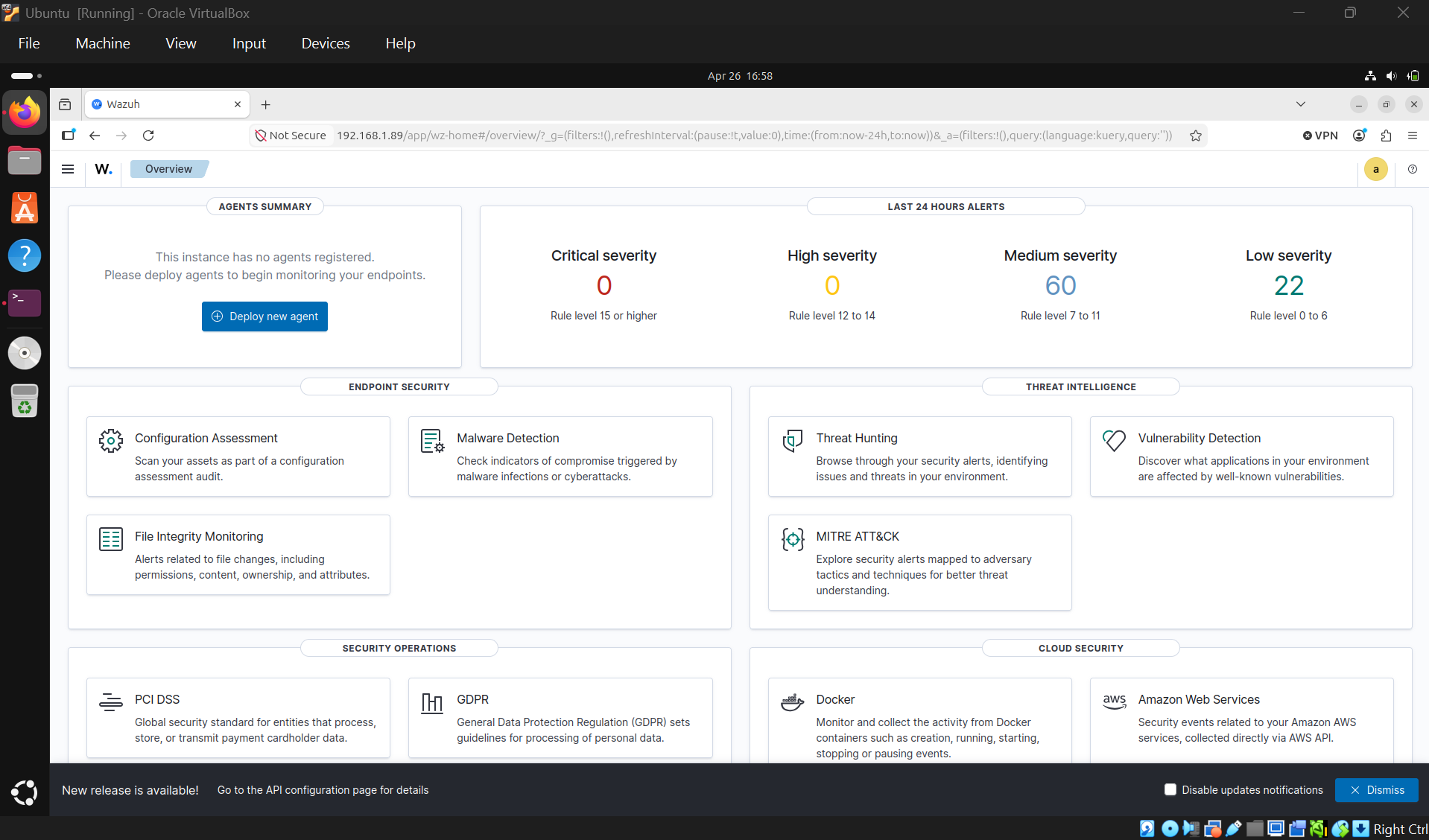 Wazuh 仪表板在注册任何代理之前,显示 Deploy new agent 提示