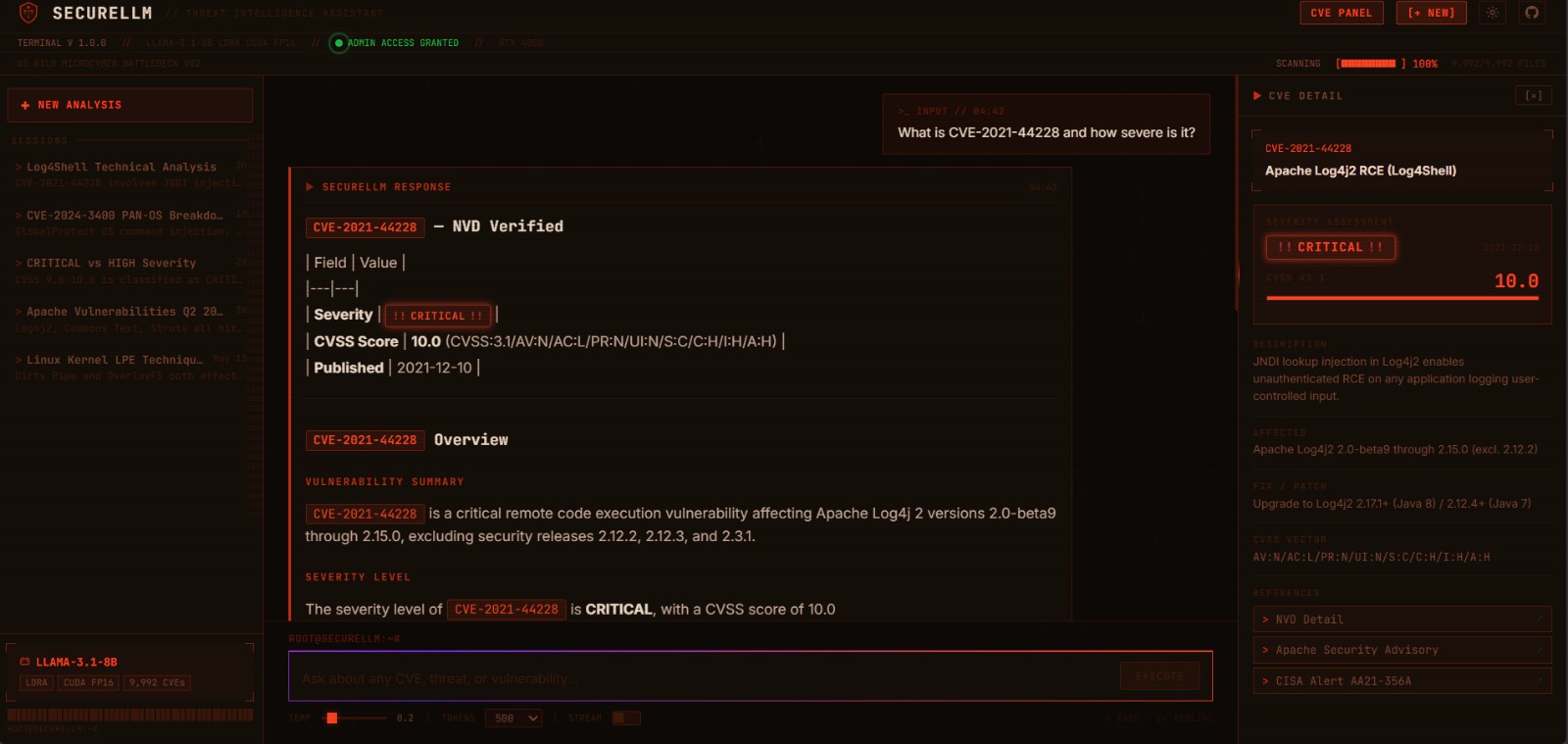 SecureLLM V2 — CVE-2021-44228 response with NVD verified fact table
