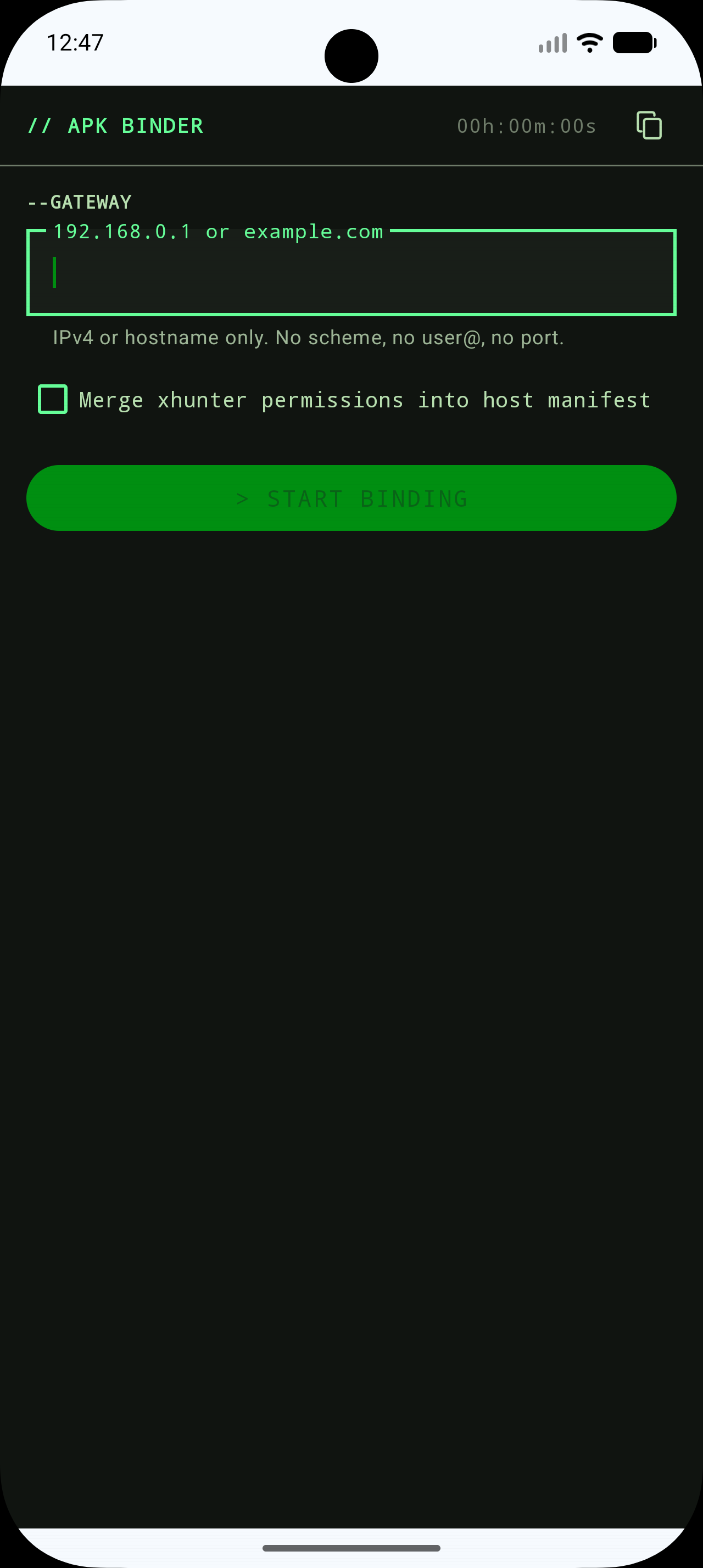 In-app binder configuration screen for callback host