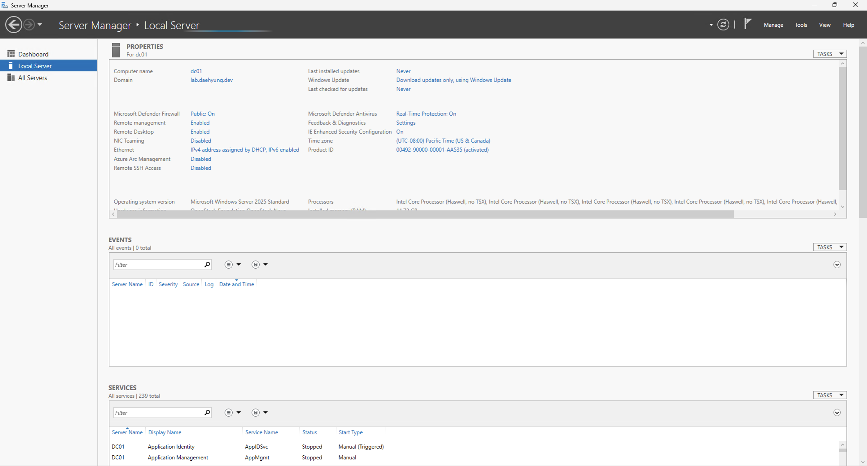 server manager local server dc01