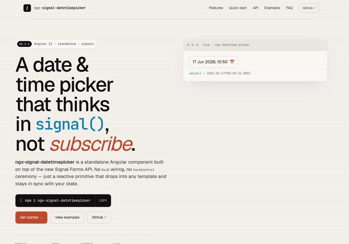 ngx-signal-datetimepicker demo — open picker, pick a date, pick a time