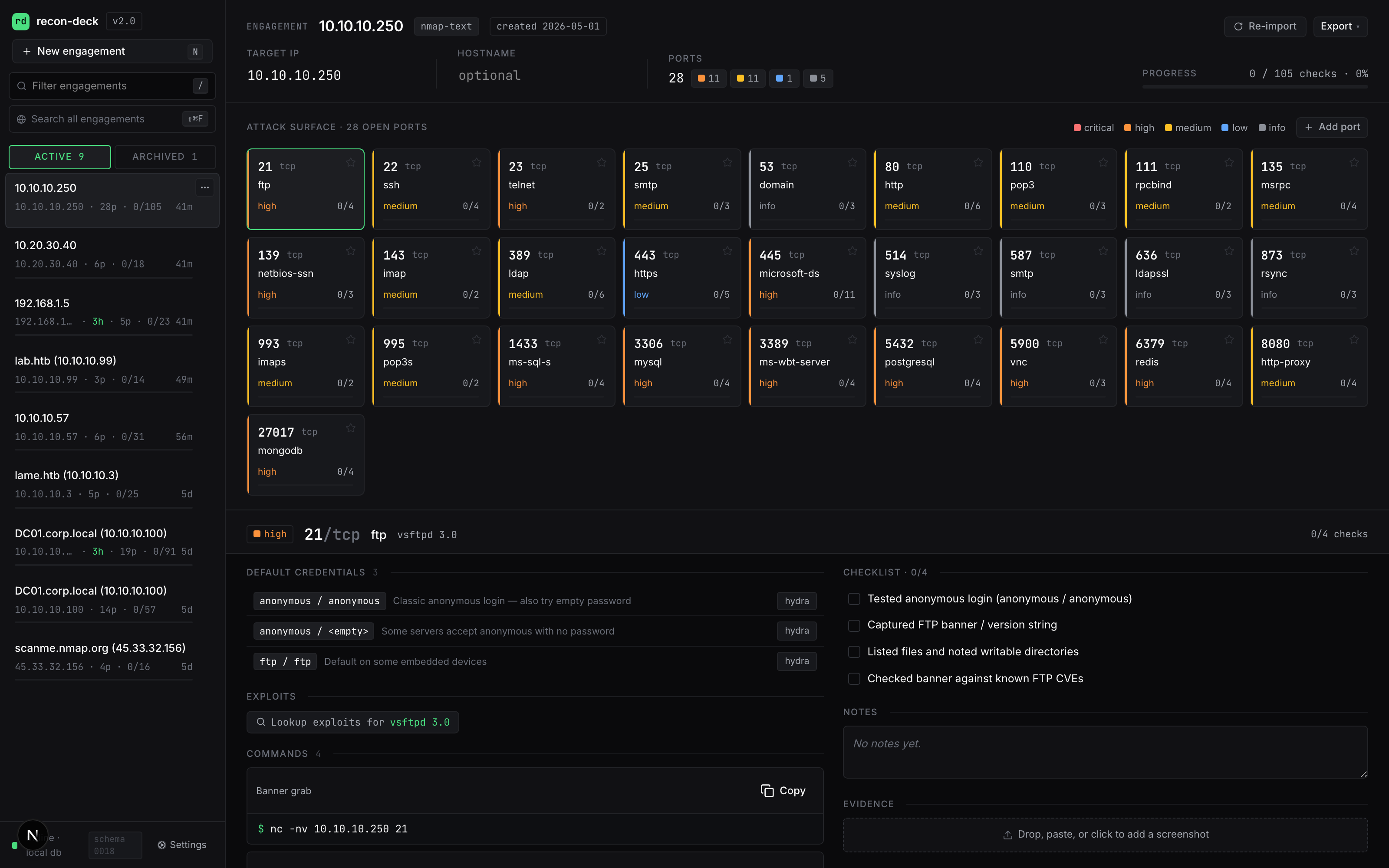 recon-deck heatmap — 28 ports across one host, KB-driven risk + check counts on each card