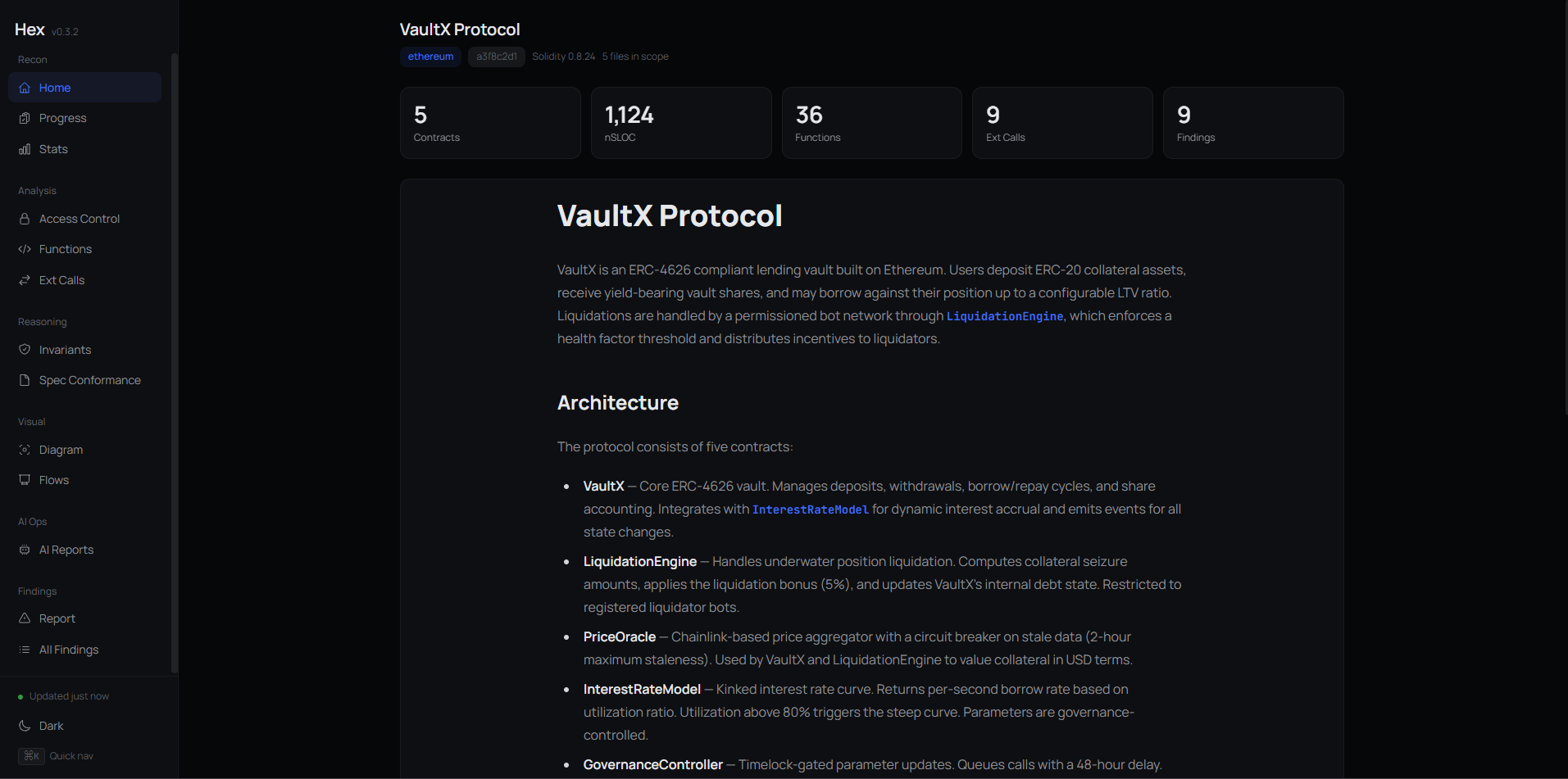 Hex 仪表板 — VaultX 协议主页,包含 KPI 指标栏、AI 生成的概览和合约架构图