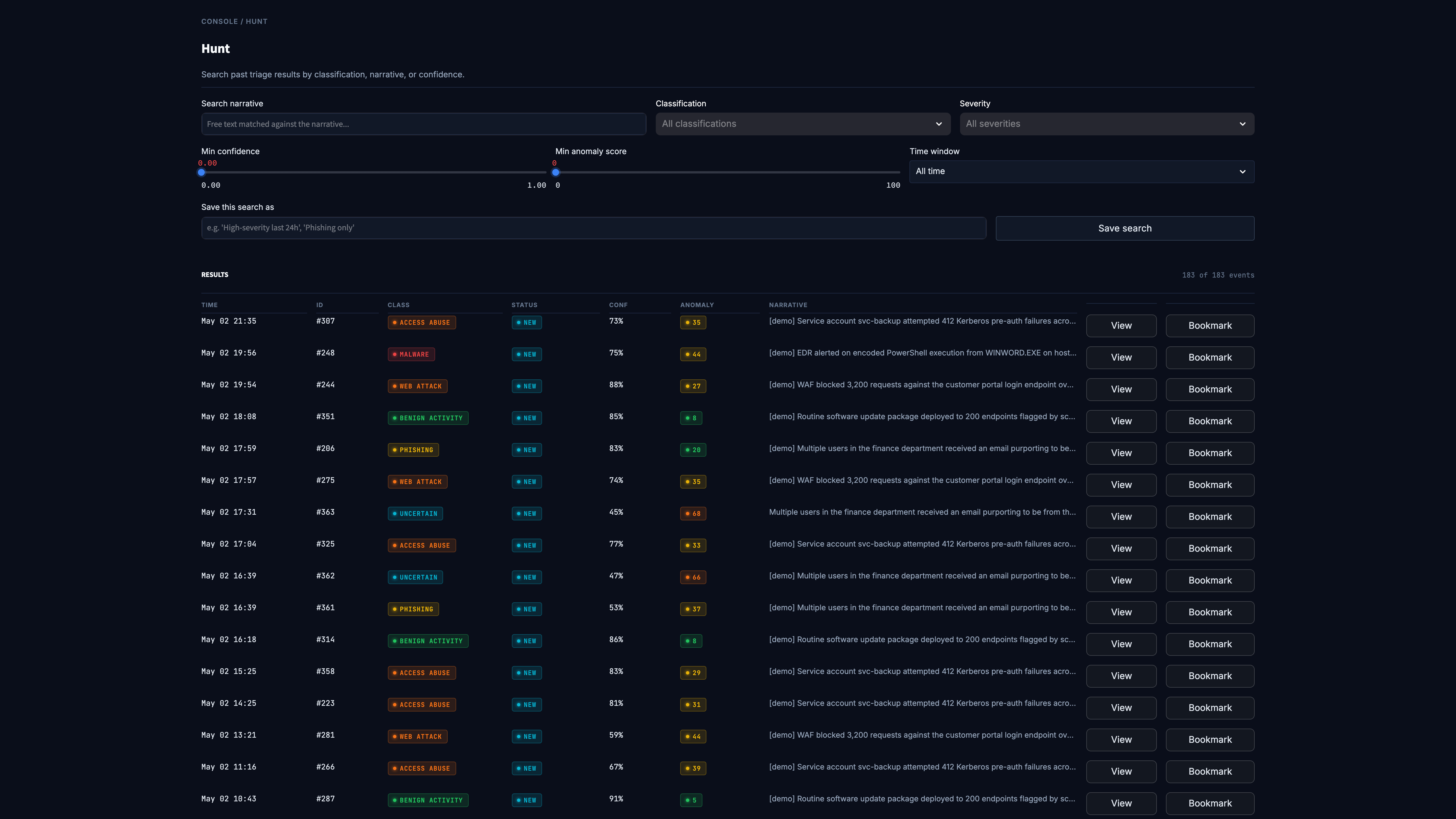 Hunt page with filters and saved searches