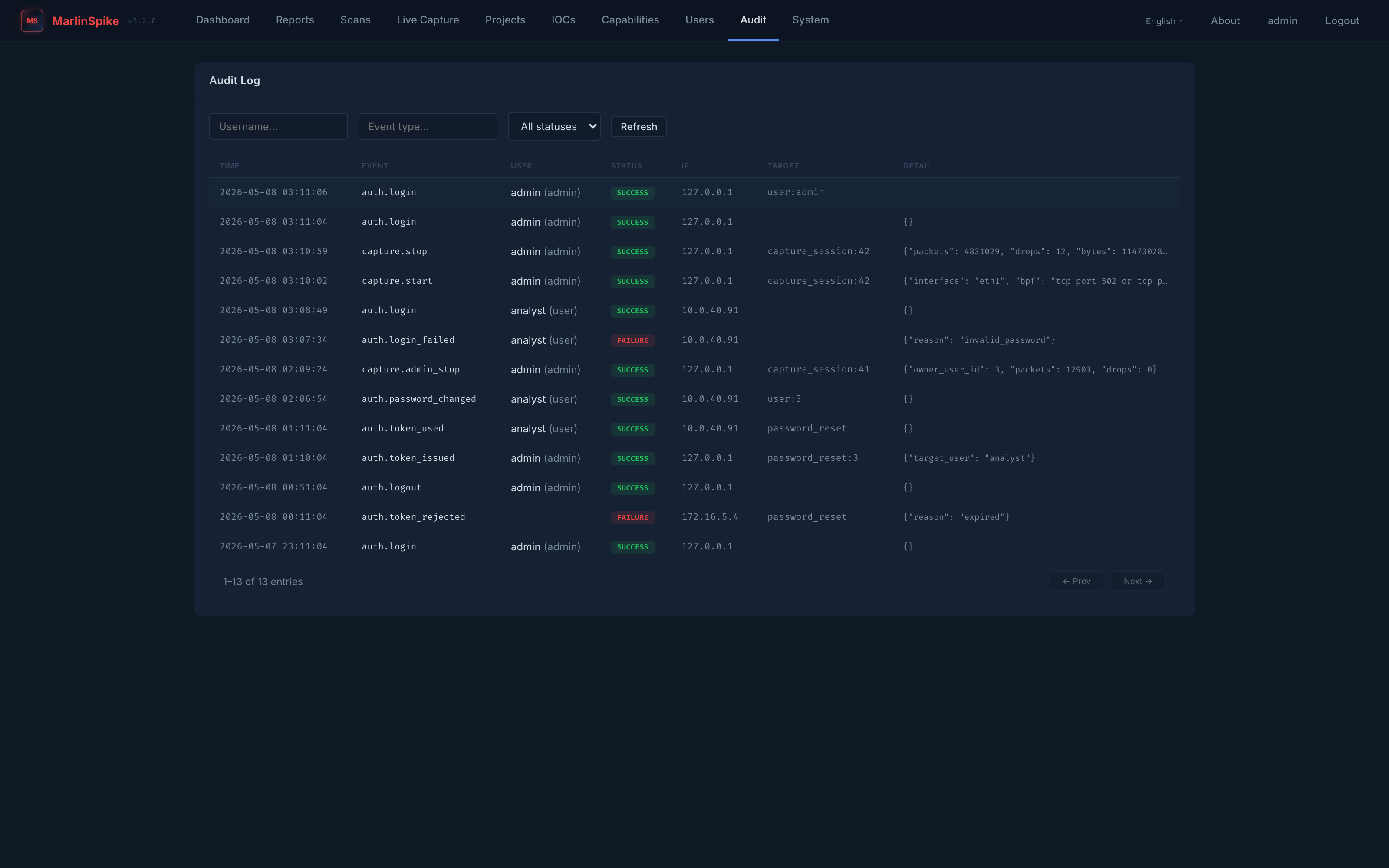 Audit log page — paginated table of auth and capture events with filter inputs and color-coded success/failure badges