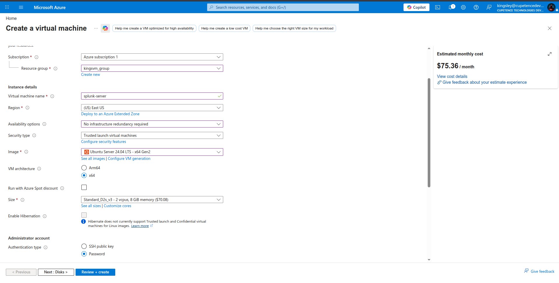 Splunk VM 订阅和资源组