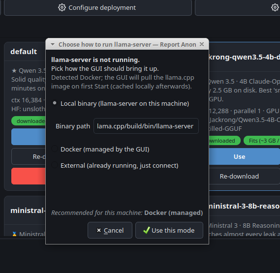 Choose how to run llama-server modal: Local binary, Docker (managed by the GUI), or External (already running, just connect). The recommended deployment is highlighted.