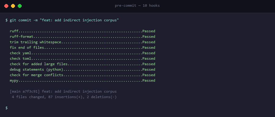 pre-commit — 10 个钩子全部通过