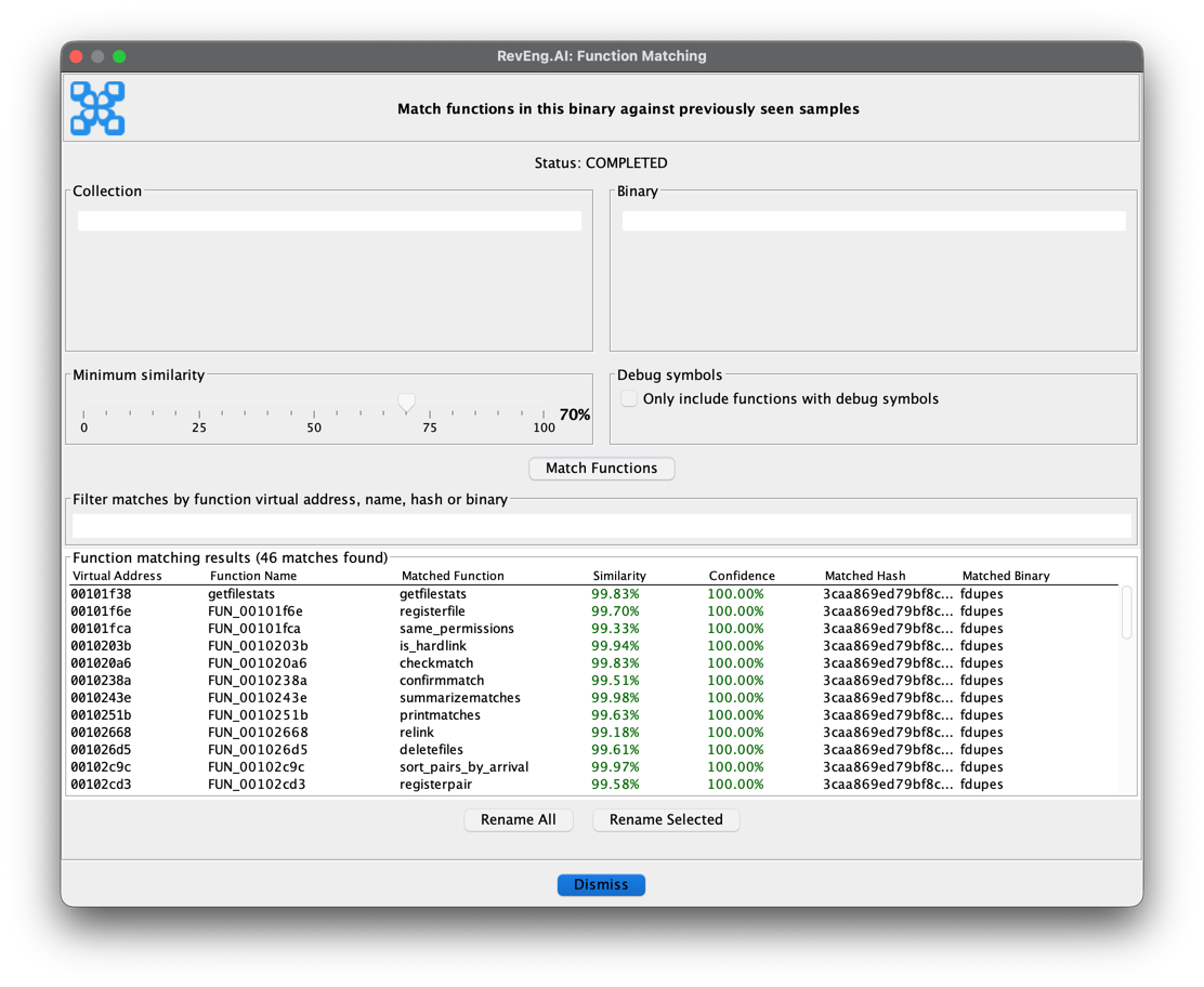 Binary Function Matching Window