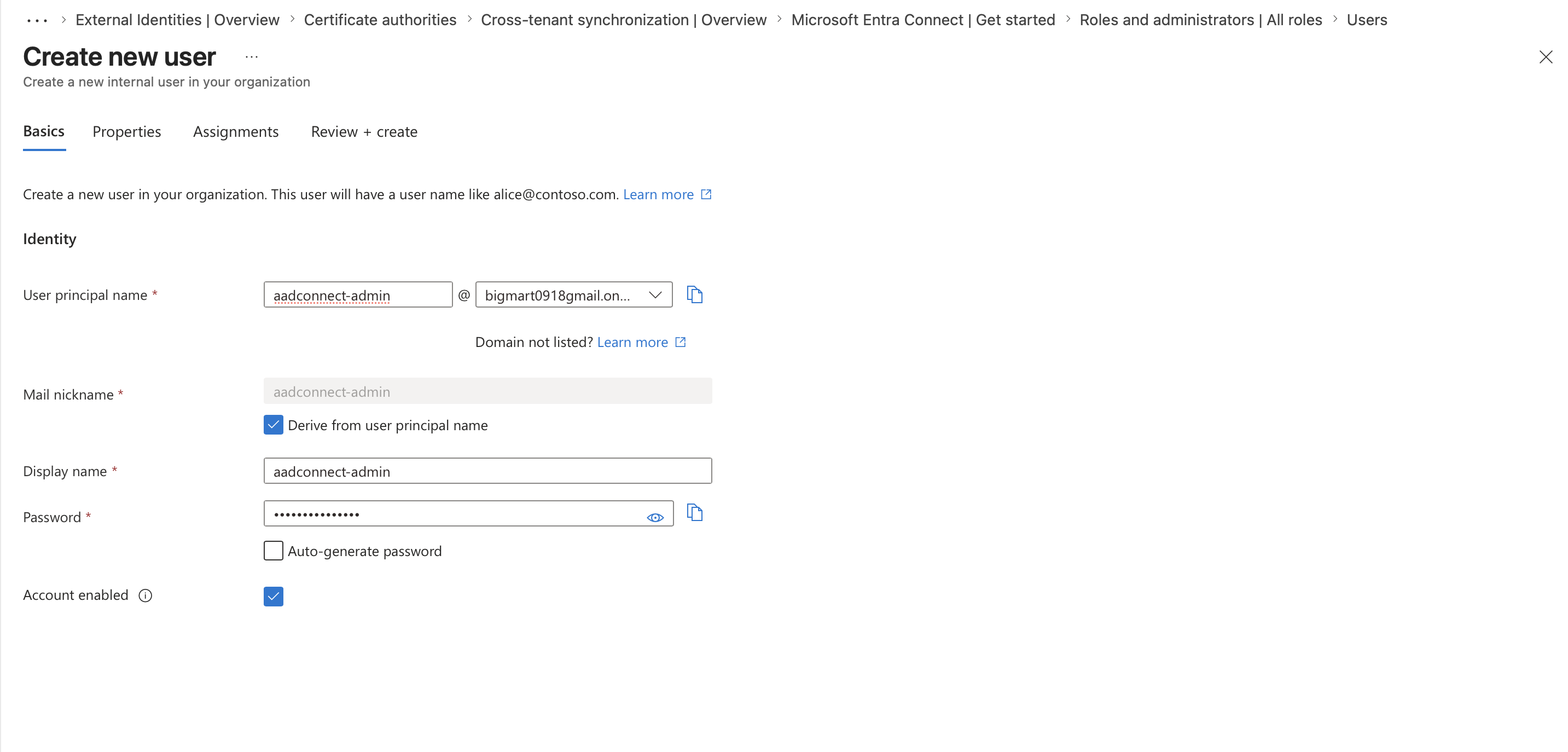 entra create aadconnect admin user