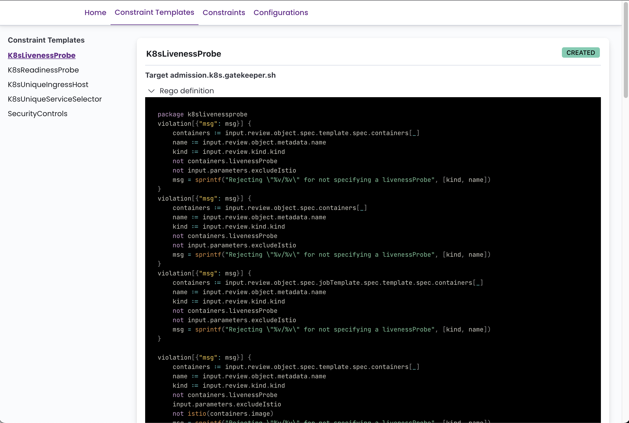 Constraint Templates 视图 rego 代码