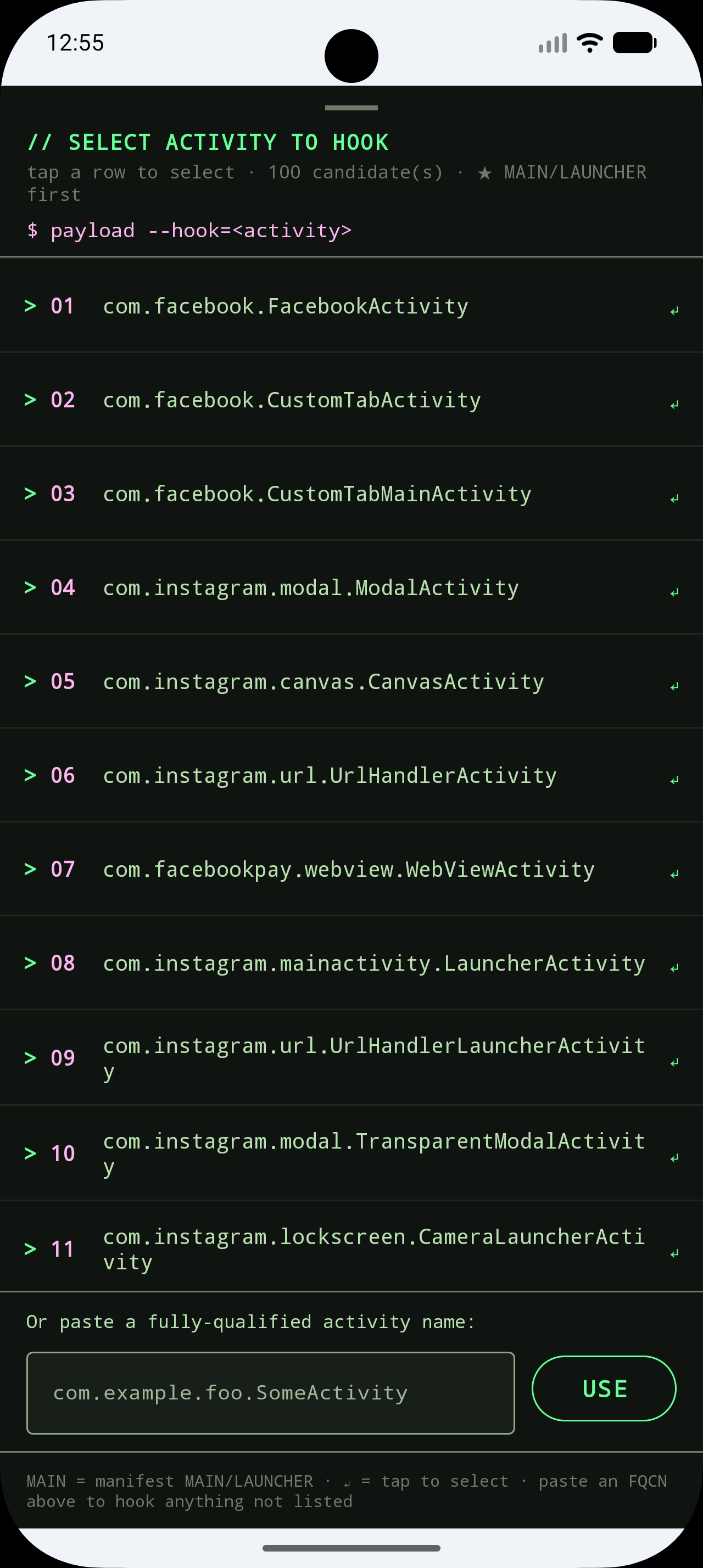 Binder wizard choosing host activity for payload hook