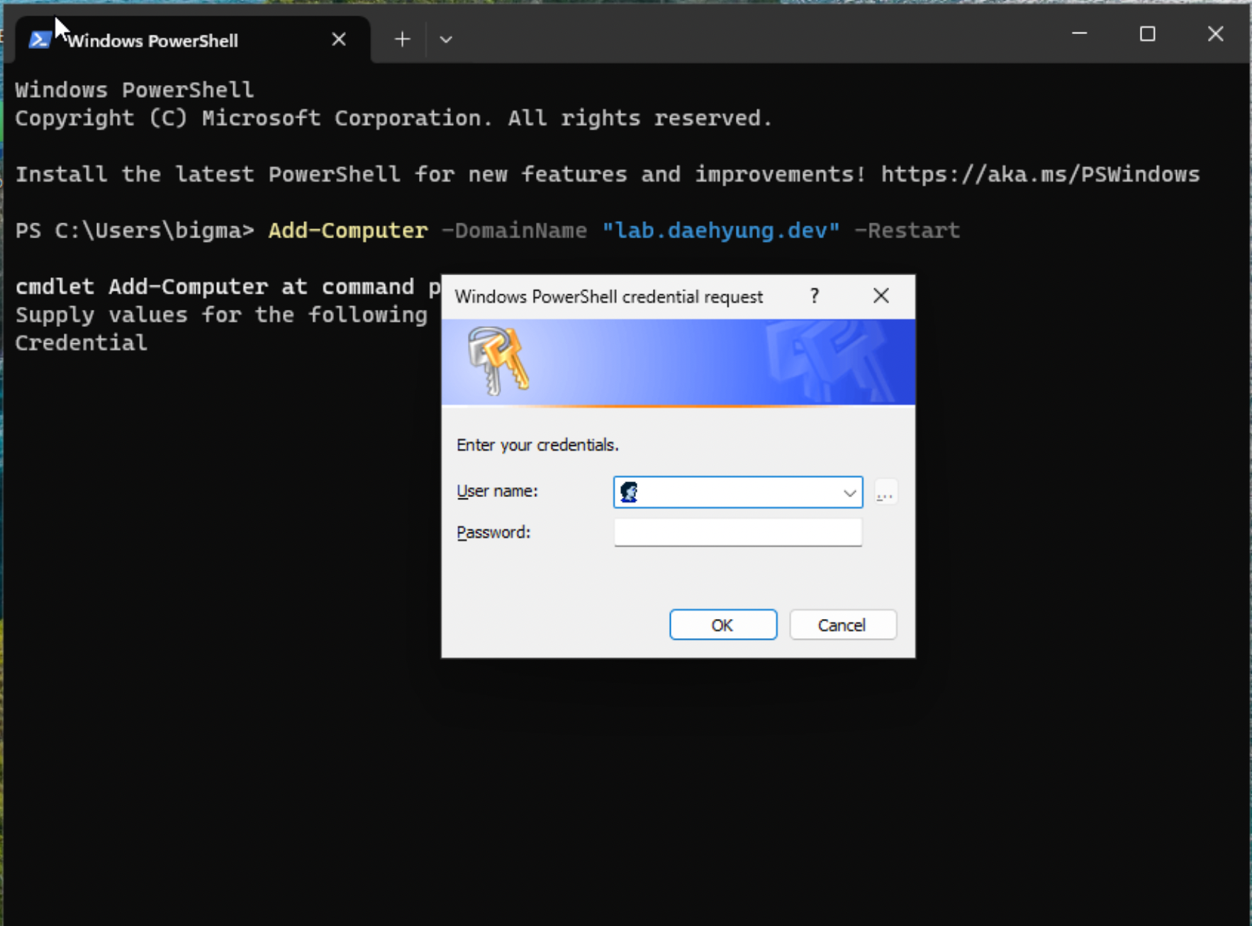winclient01 domain join credential request