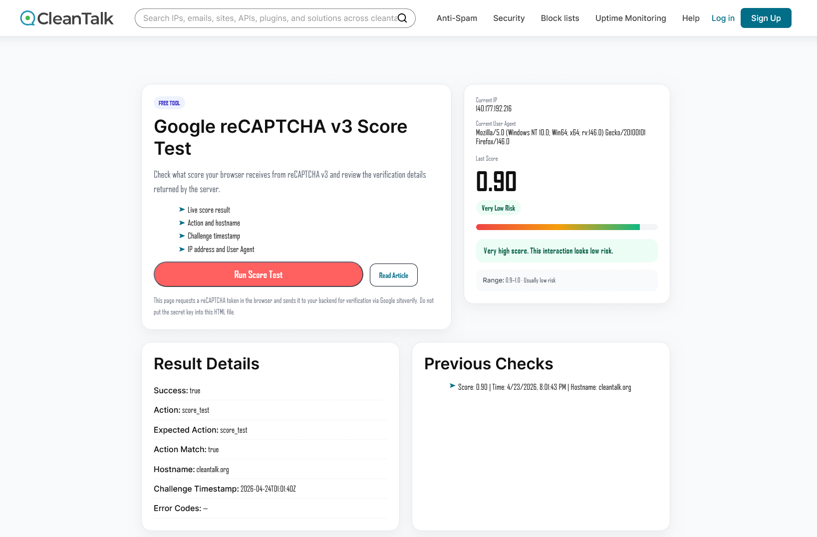 reCAPTCHA 得分 0.90