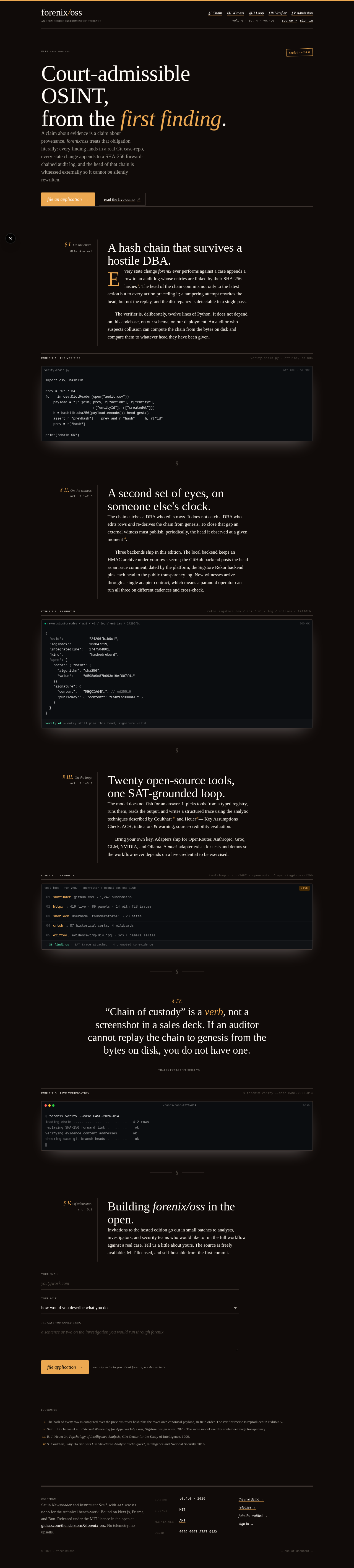 forenix/oss landing surface, dark mode