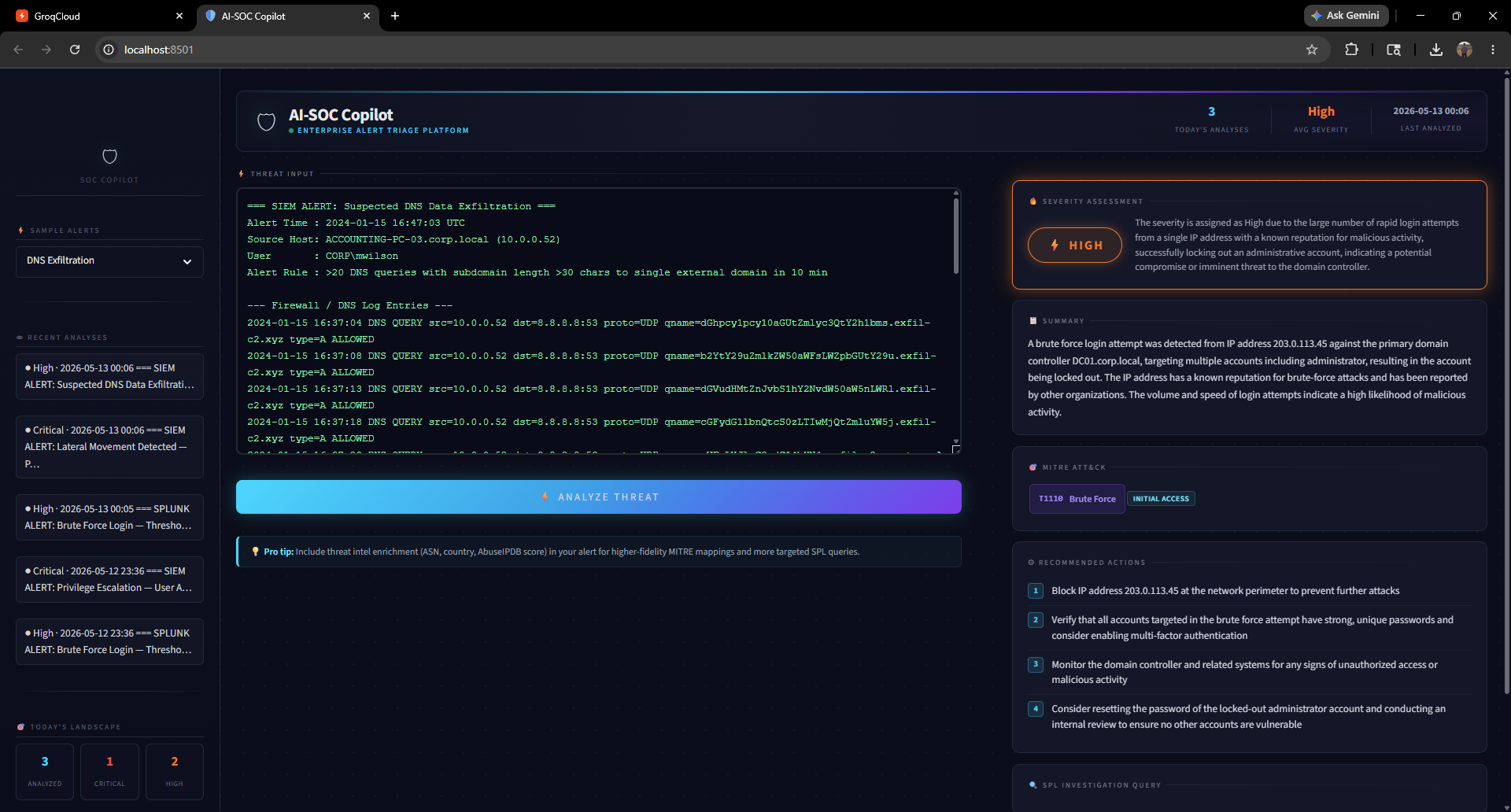 AI-SOC Copilot main dashboard