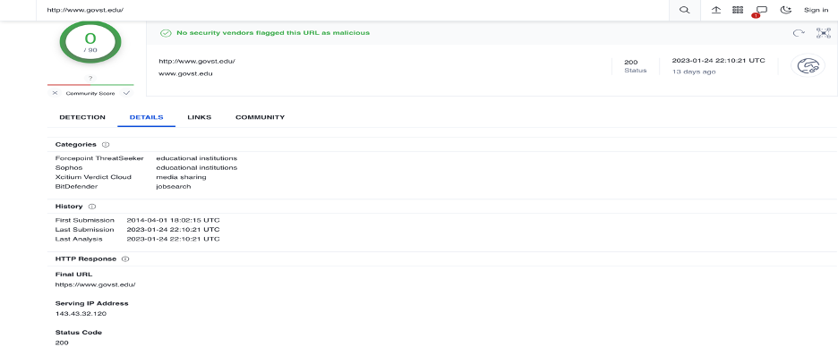 VirusTotal URL details tab