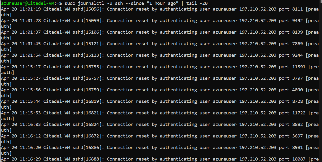 Terminal — journalctl showing connection reset from 197 210 52 203