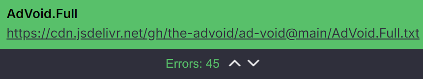 Ad-blocker error message showing untrusted filter list warning in uBlock Origin