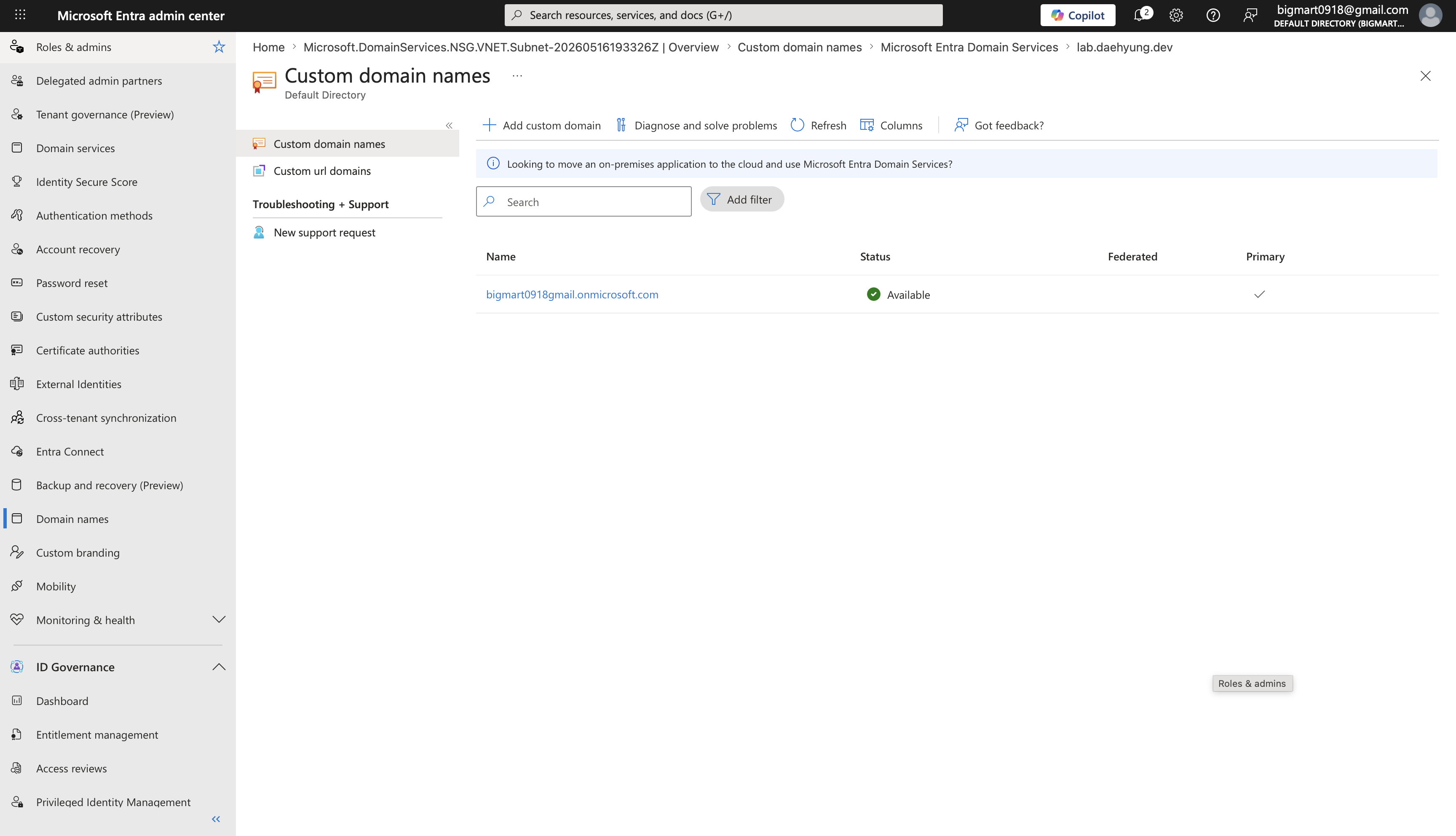 entra custom domain names verified
