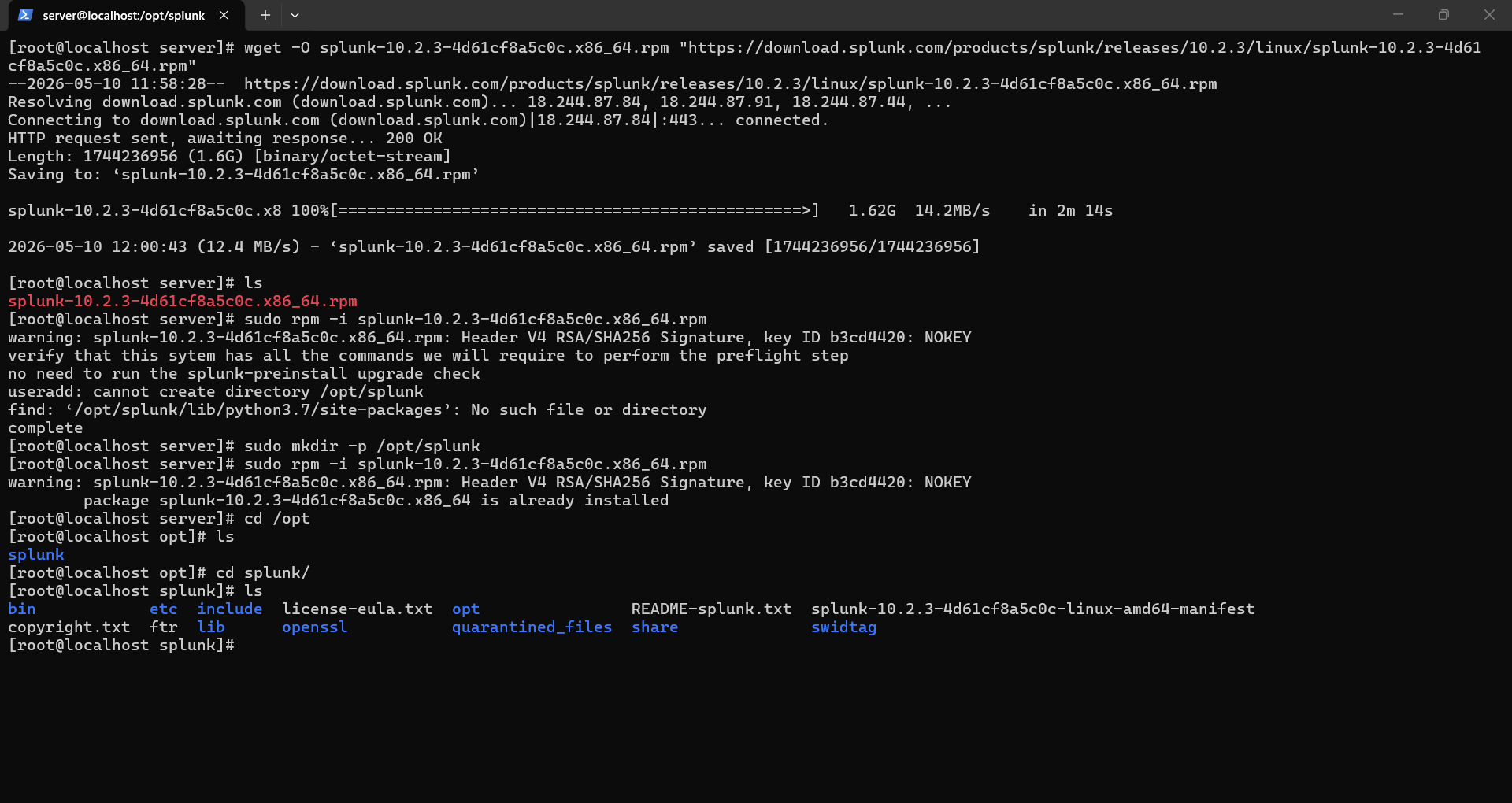 Downloading and Installing Splunk RPM