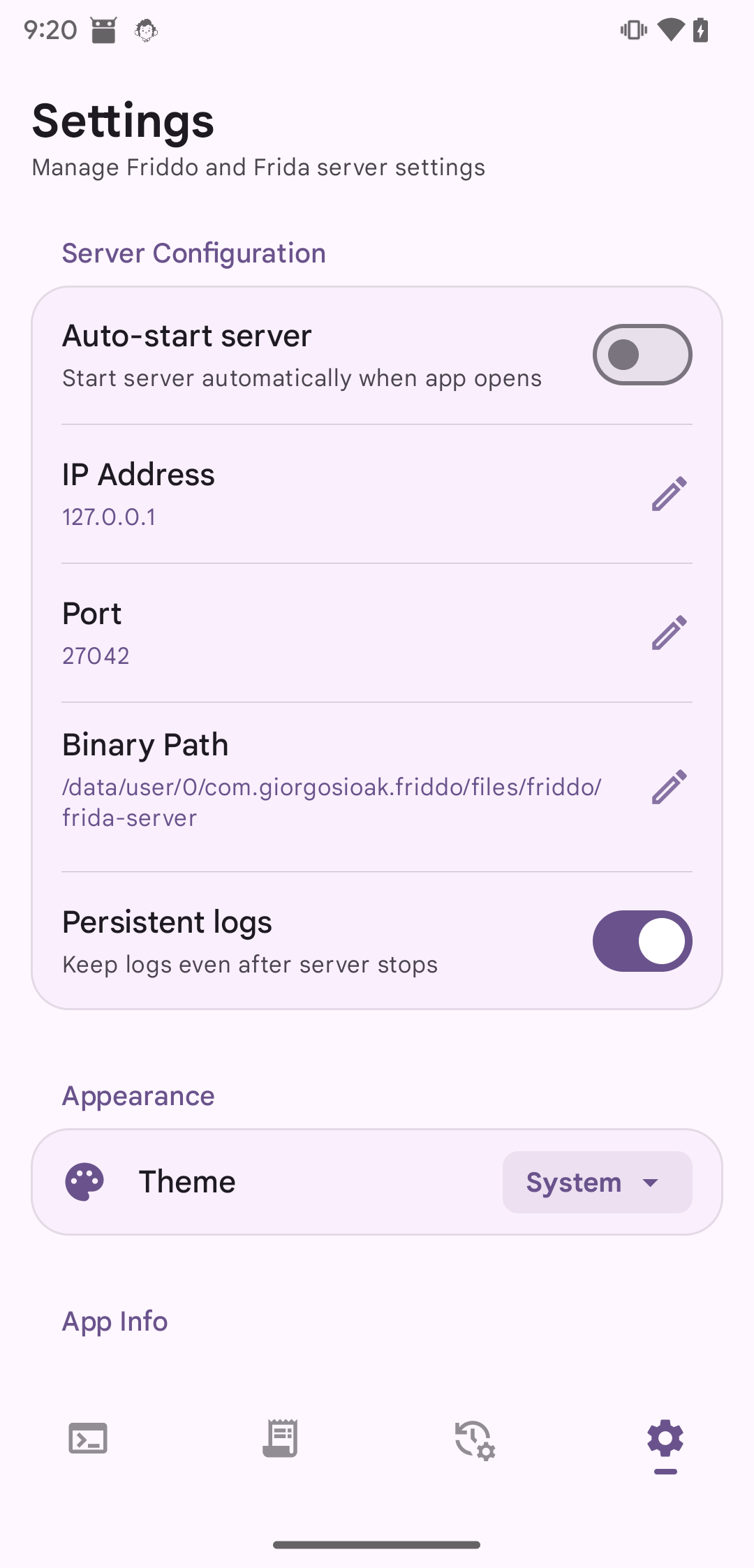 Friddo settings screen