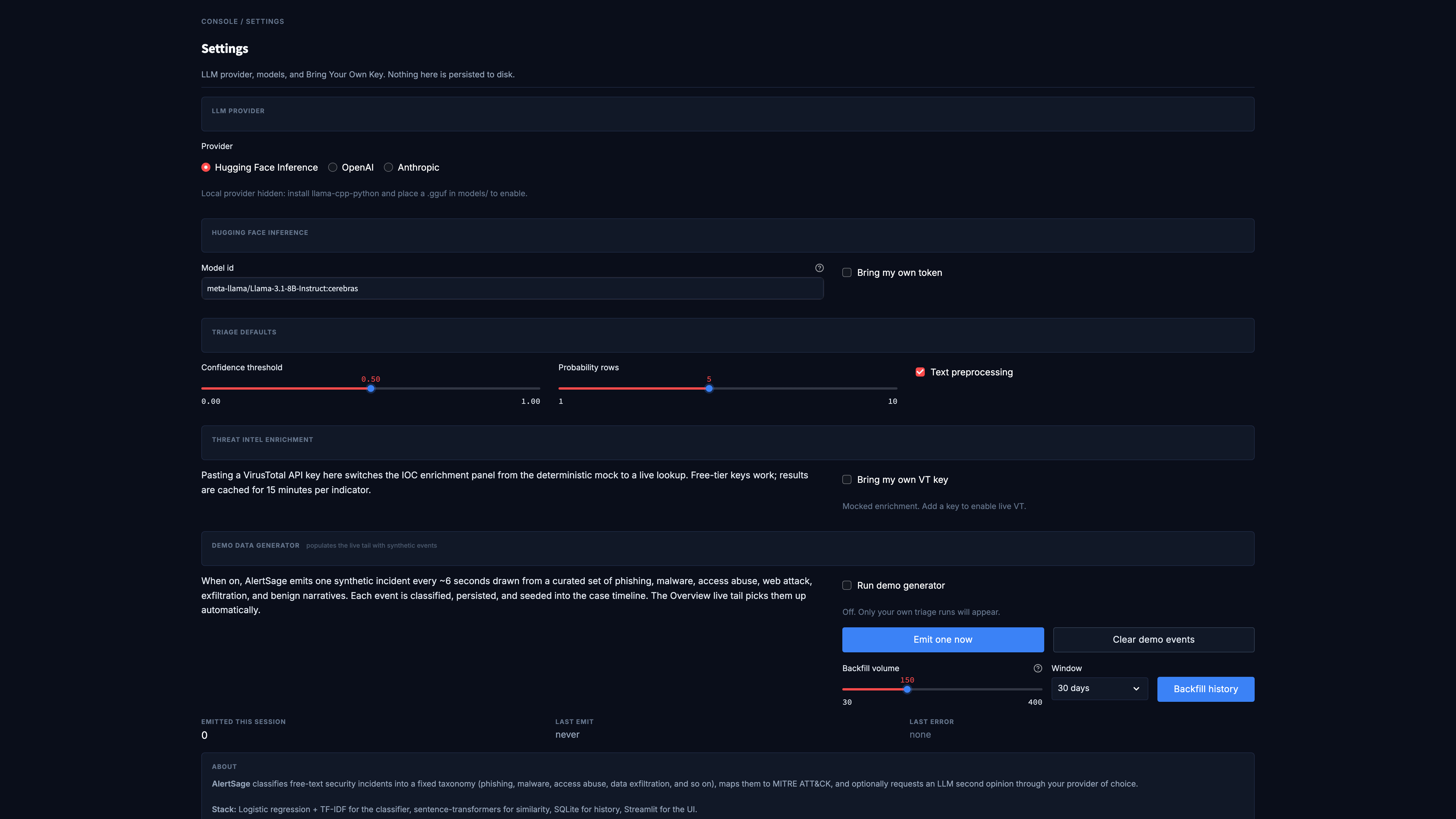 Settings panel with BYOK fields