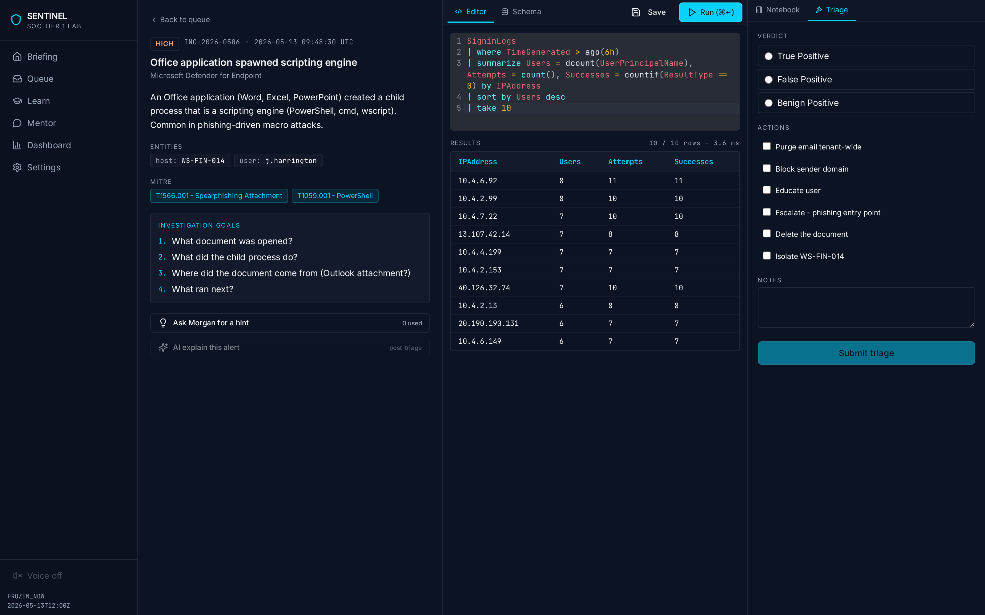 Alert detail with KQL query running, result table populated, triage panel ready